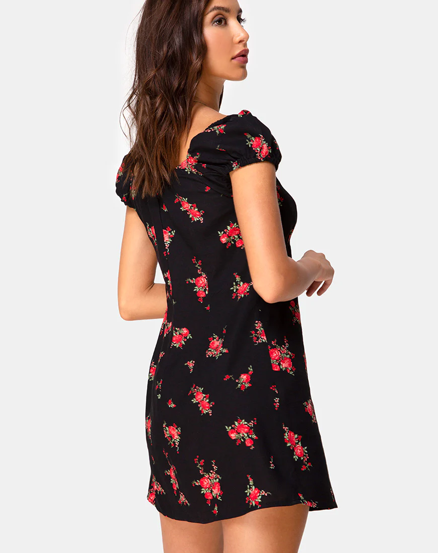 Gaval Mini Dress in Soi Rose Black and Red - Awmao