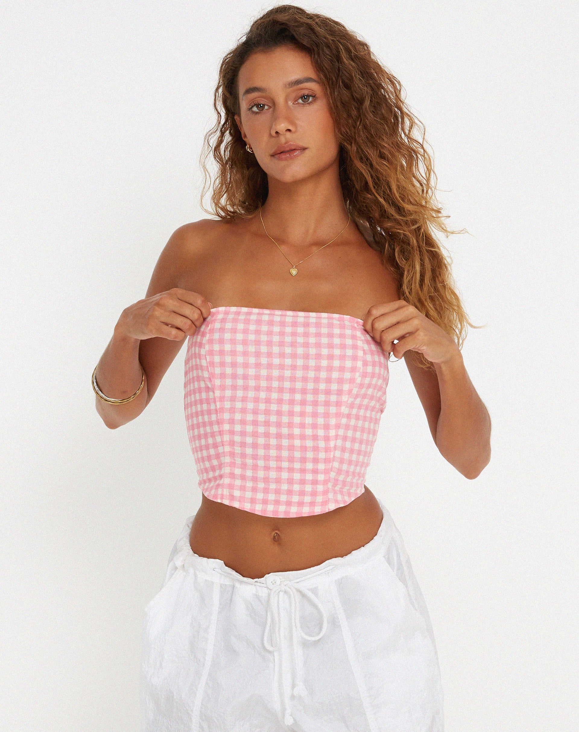 Den Bandeau Top in Gingham Pink - Awmao