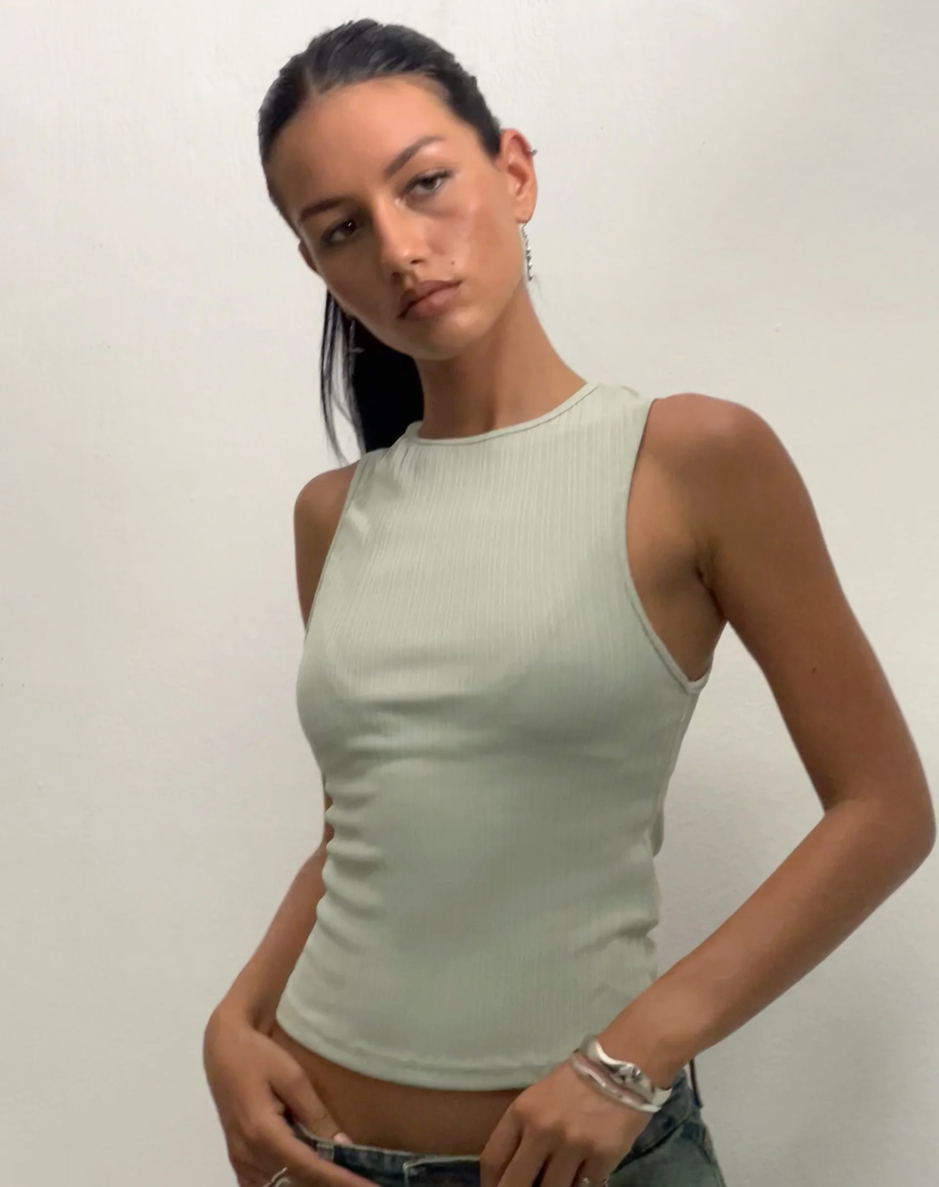 Jordin High Neck Jersey Top in Ribbed Mint - Awmao