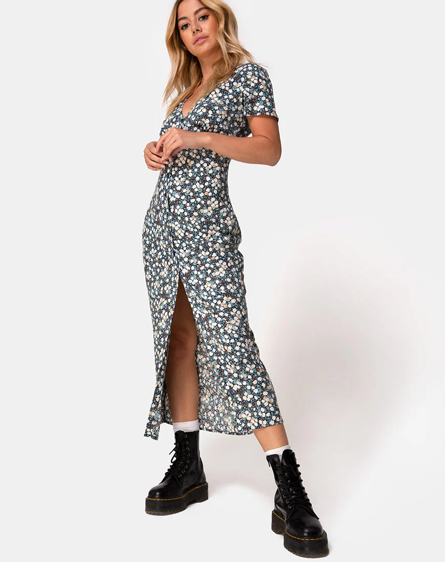 Larin Midi Dress in Floral Field Navy - Awmao
