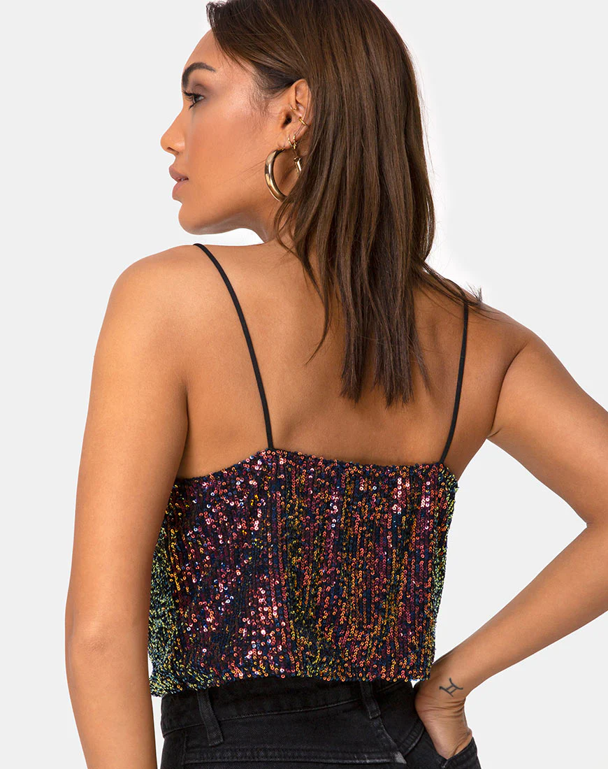 Paima Strappy Top in Drape Net Sequin Iridescent Burgundy - Awmao