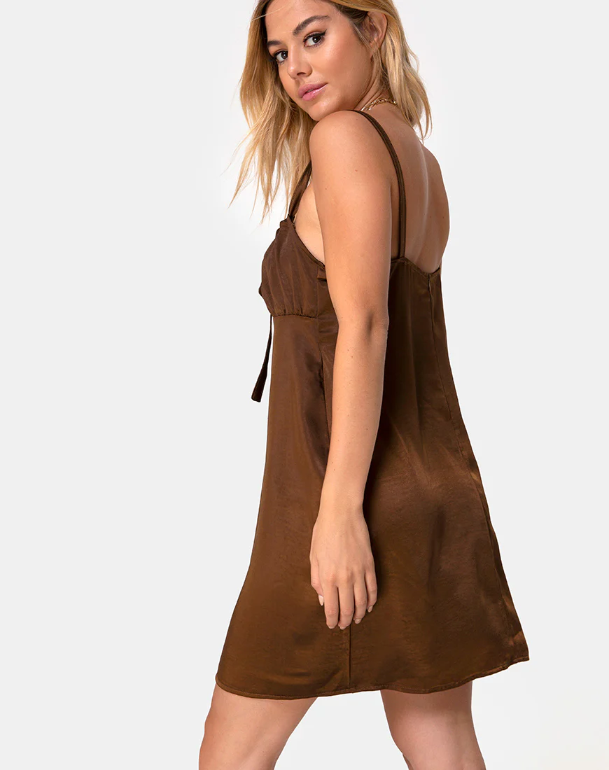 Kamalia Slip Dress in Satin Brown - Awmao