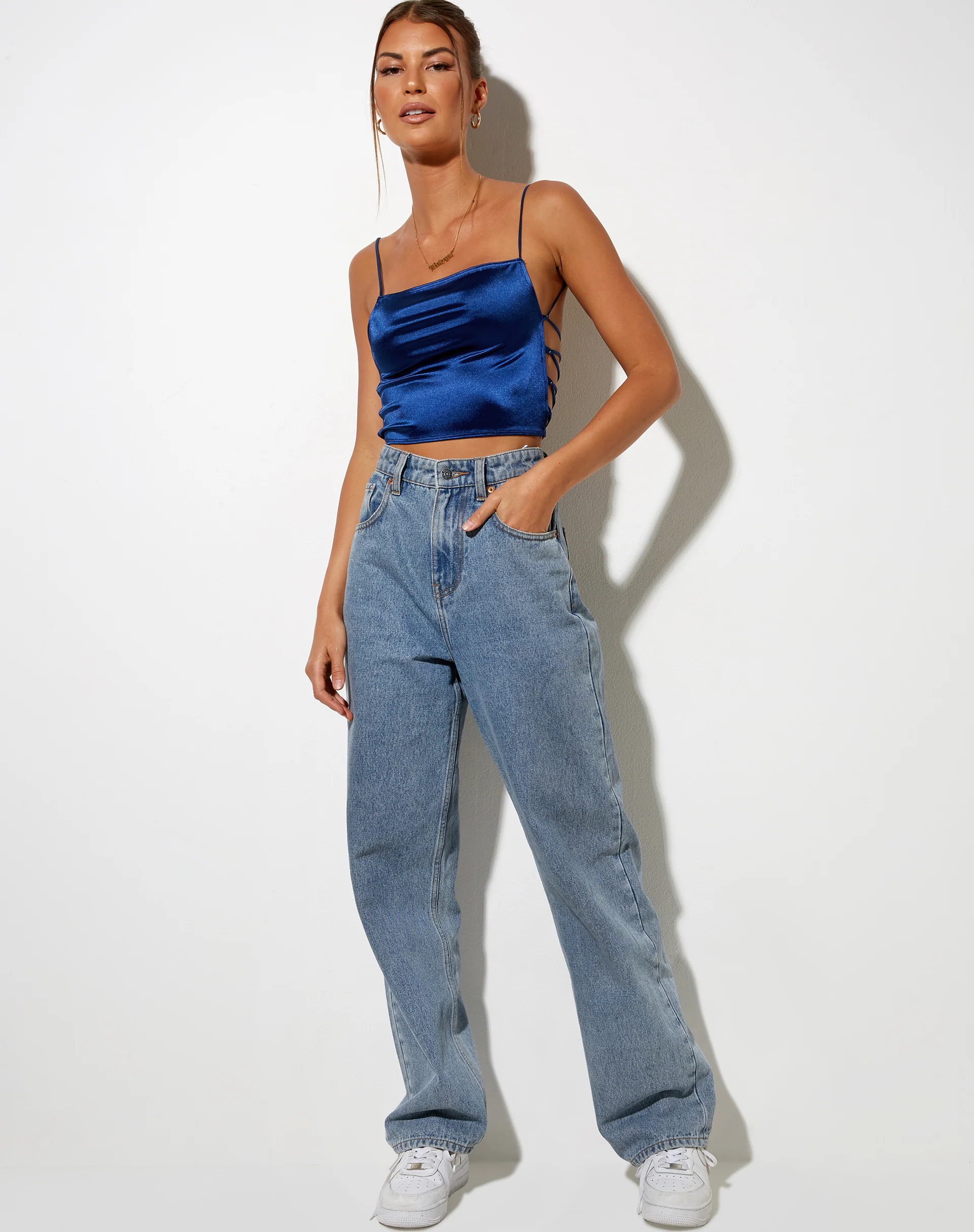 Ozka Crop Top in Satin Navy - Awmao
