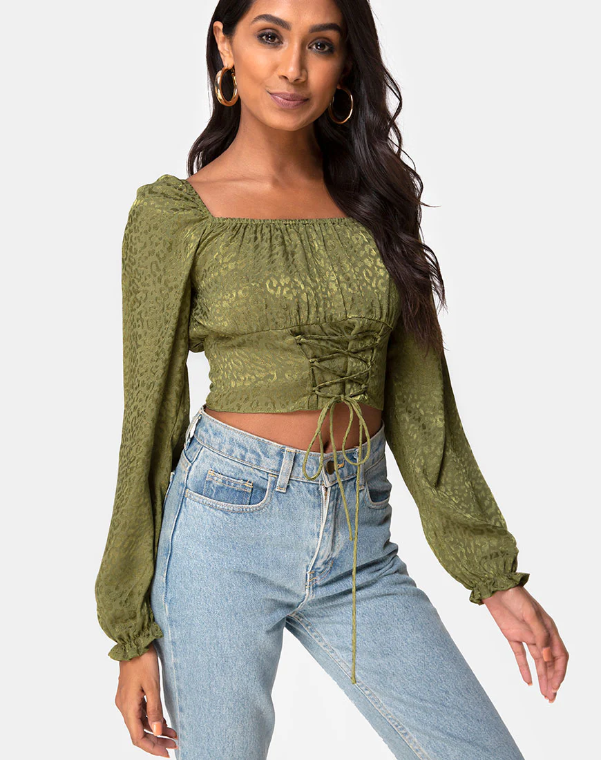 Iris Crop Top in Satin Cheetah Khaki - Awmao