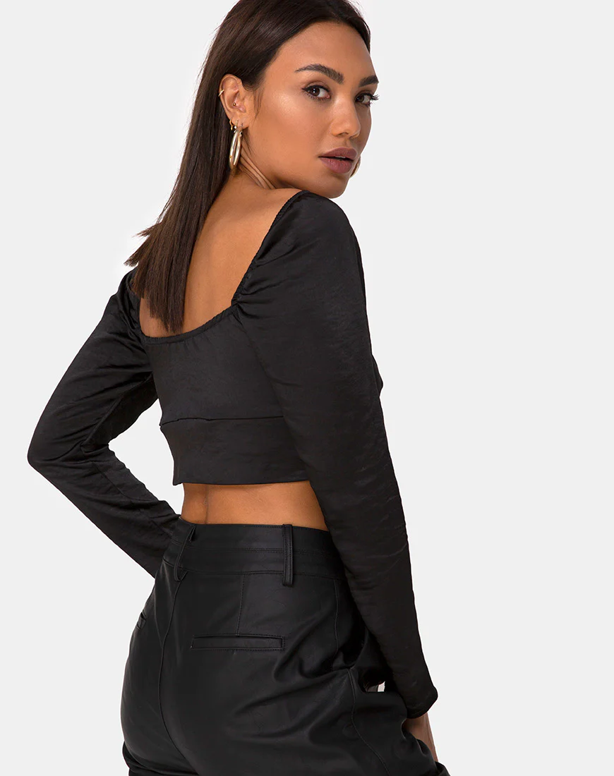 Laman Crop Top in Satin Black - Awmao