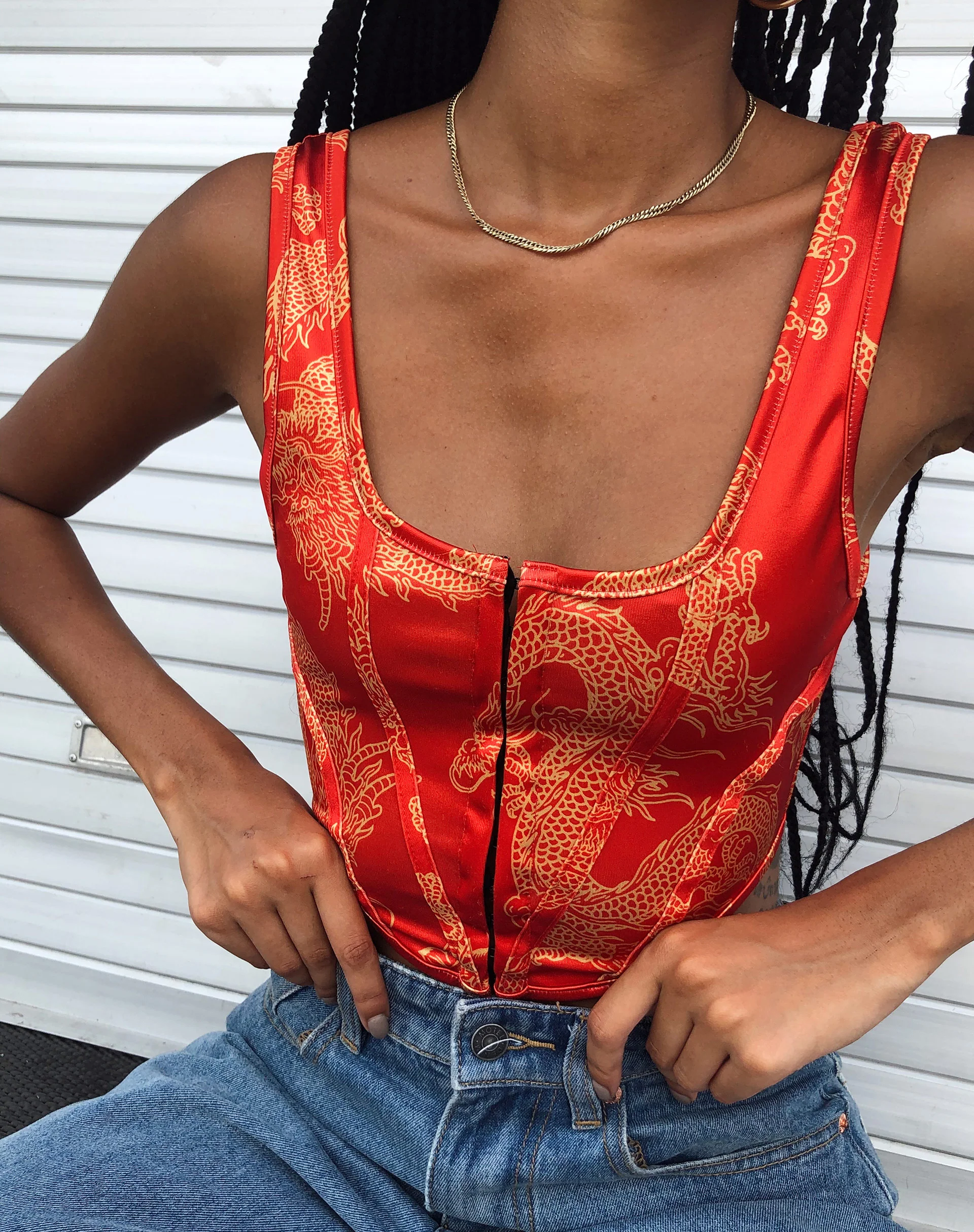 Elci Corset Top in Dragon Flower Red Gold - Awmao