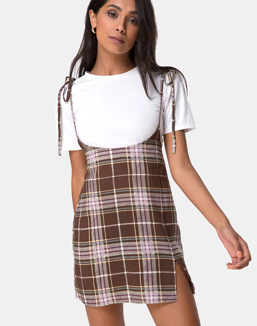 Yelca Mini Dress in Tartan Brown - Awmao