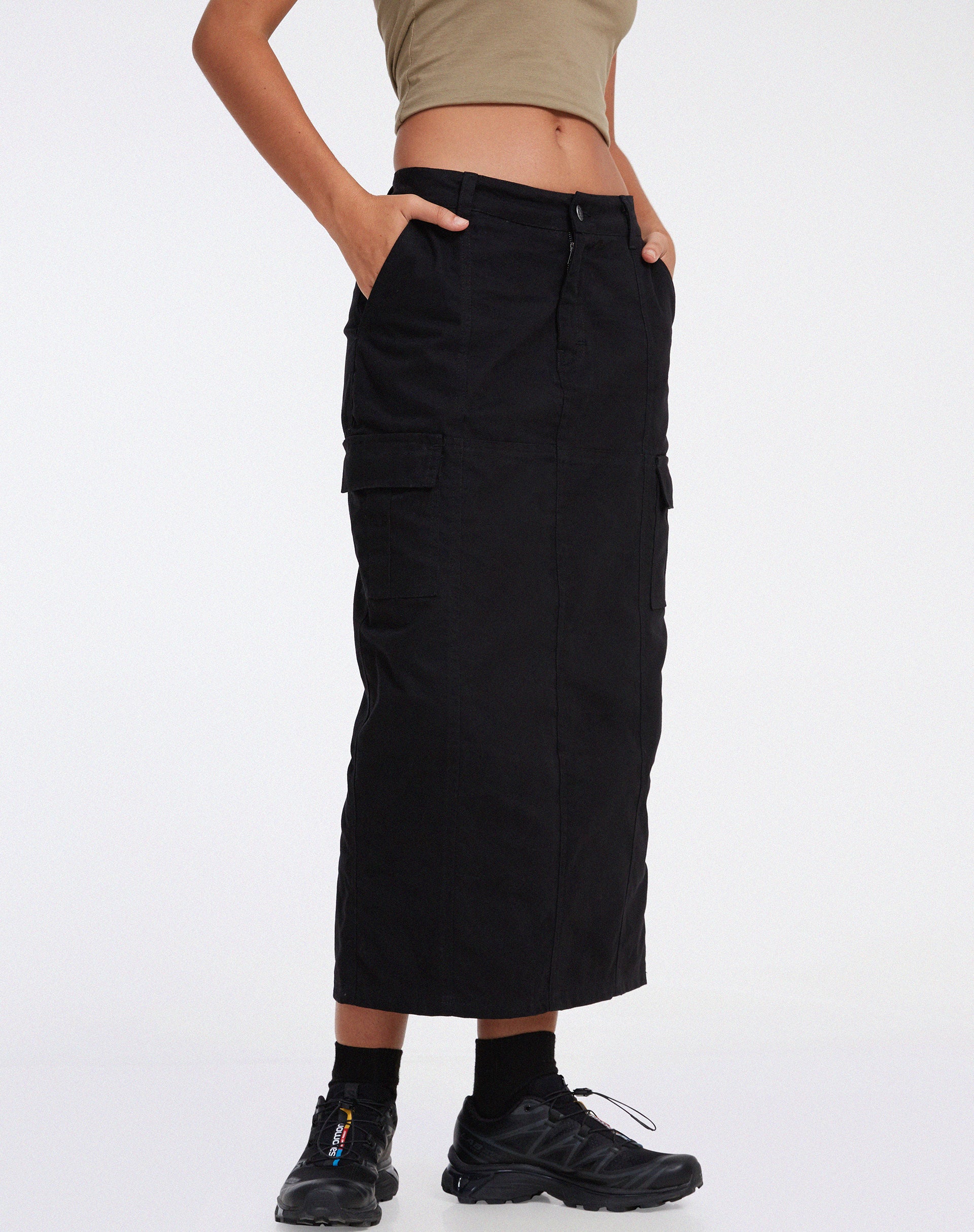 Widya Cargo Midi Skirt in Panama Black - Awmao