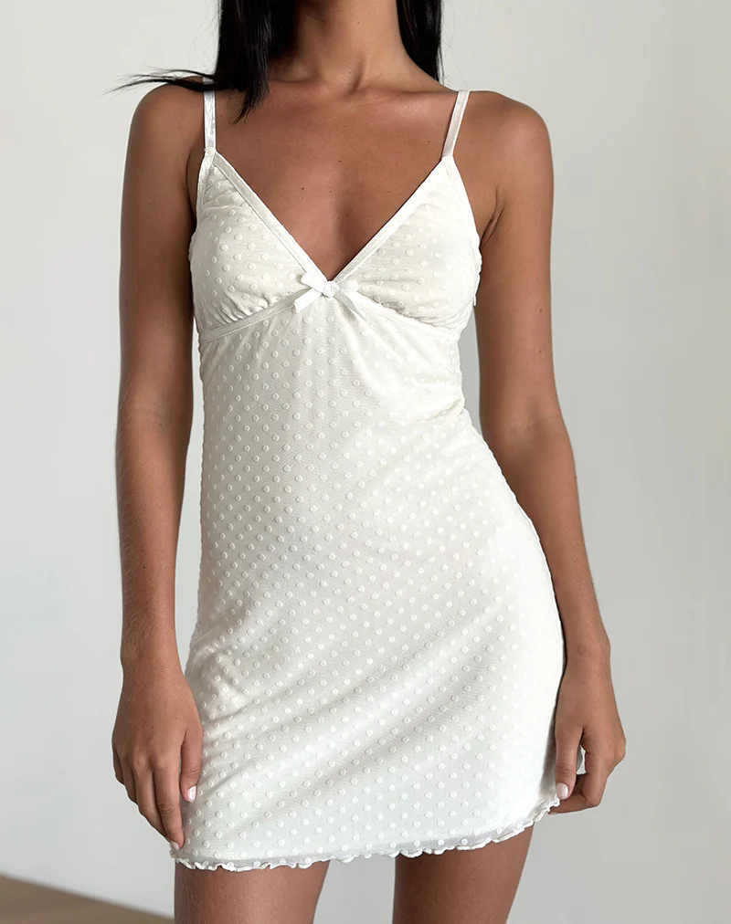 Mevila Cami Mini Dress in Ivory Polka Flock - Awmao