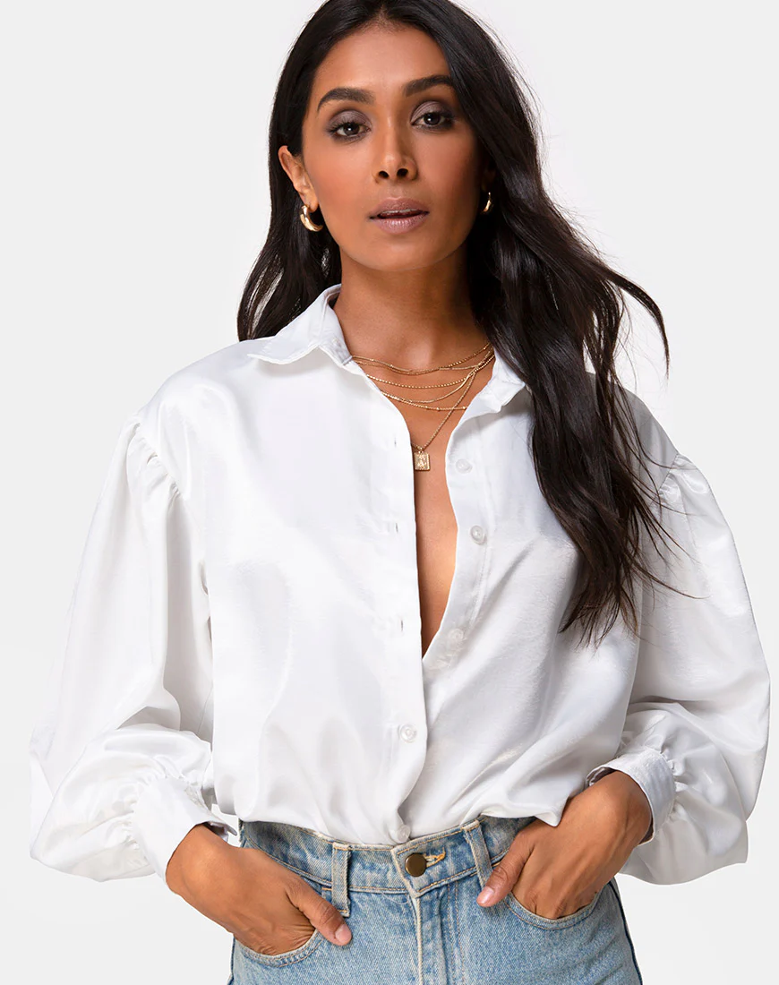 Frantic Longsleeve Blouse in Satin Ivory - Awmao