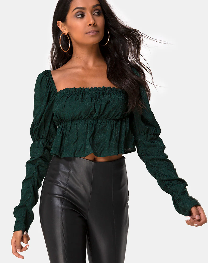 Piery Top in Satin Cheetah Forest Green - Awmao