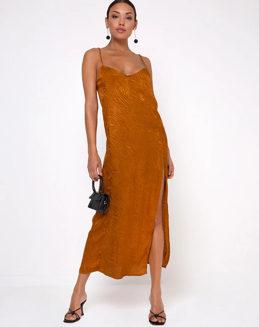 Batis Maxi Dress in Satin Zebra Golden Coral - Awmao