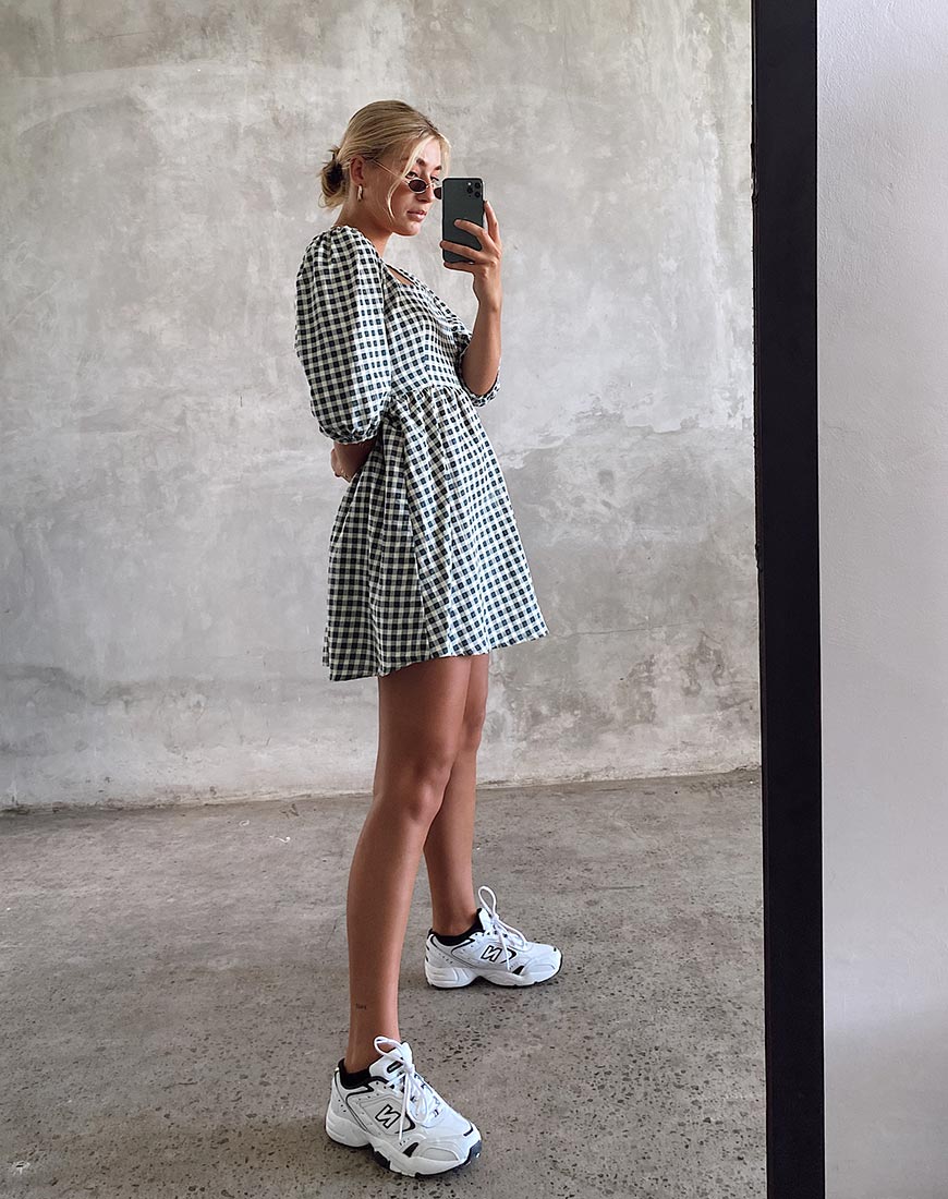 Kezie Skater Dress in Gingham Cream - Awmao