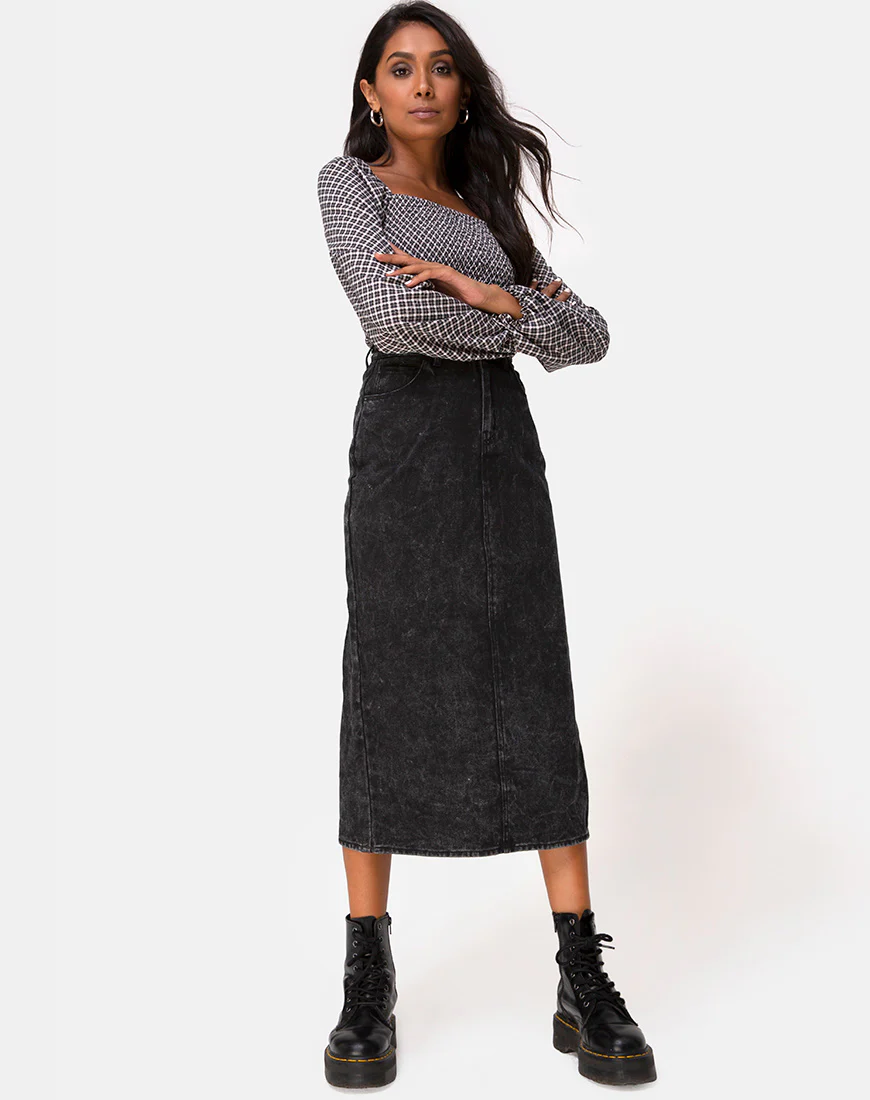 Lyra Midi Skirt in Black Stone Wash - Awmao