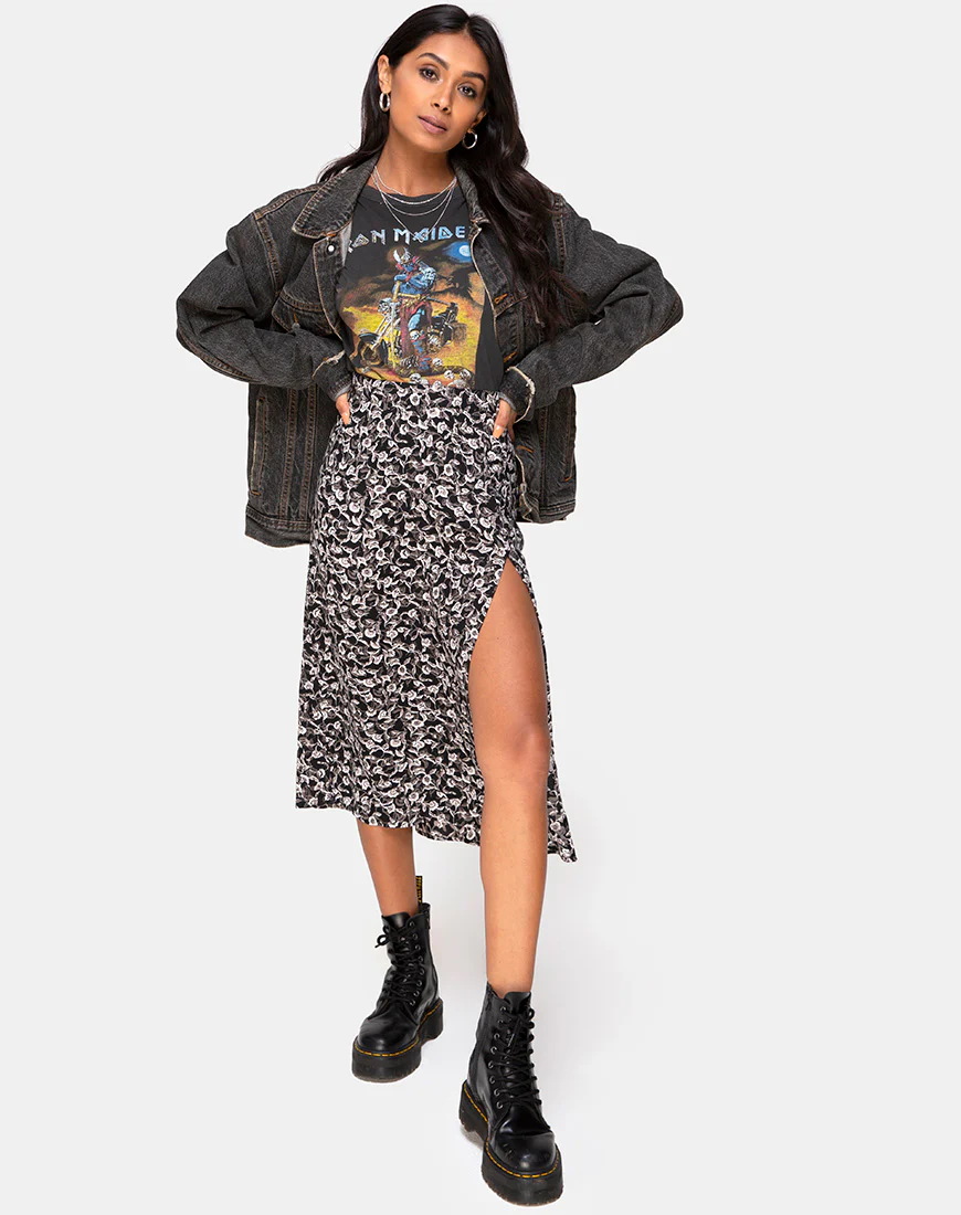 Saika Midi Skirt in Wild Tulip Black - Awmao