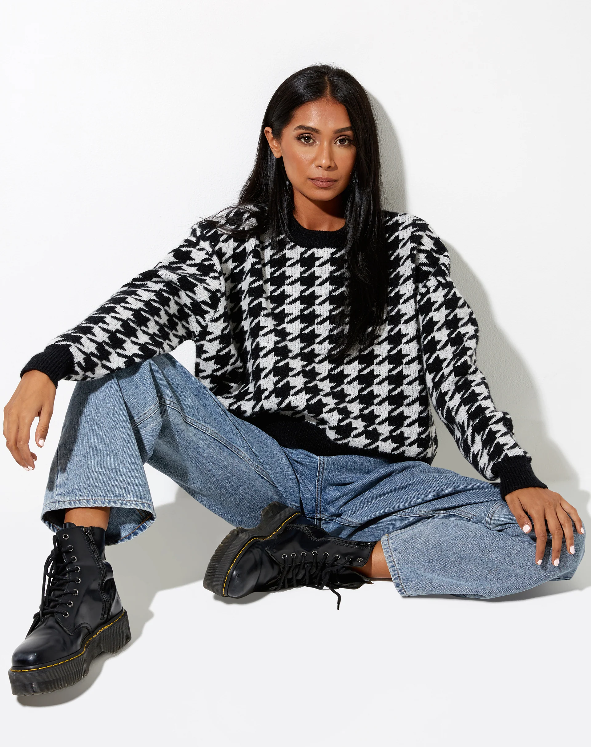 Margo Jumper in Knit Houndstooth Black and Ivory - Awmao