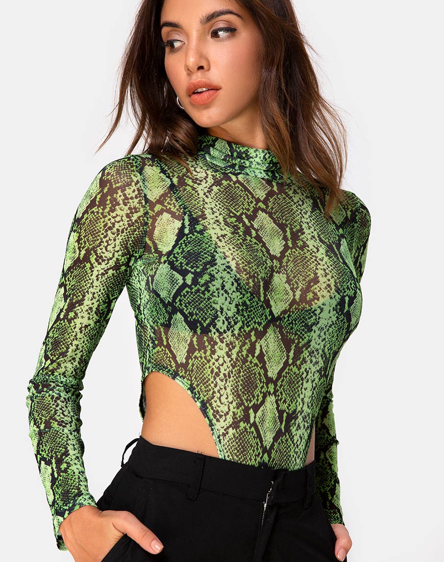 Berani Bodice in Slime Lime Snake Mesh - Awmao