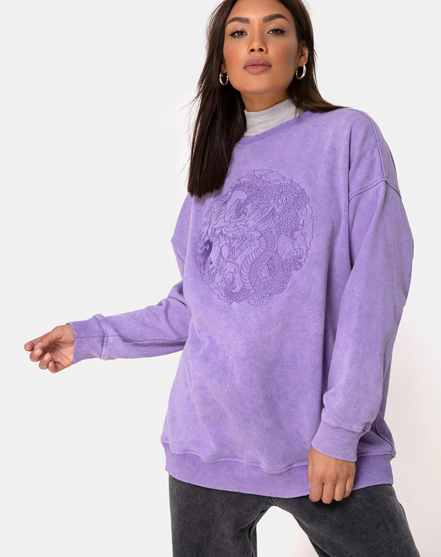 Glo Sweatshirt in Lilac Wash with Dragon Embro - Awmao