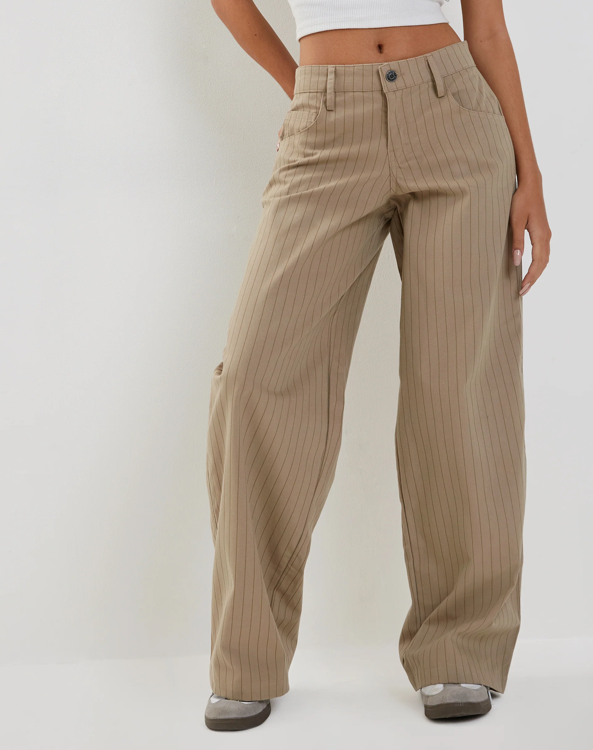 Roomy Low Rise Extra Wide Trousers in Pinstripe Stone - Awmao