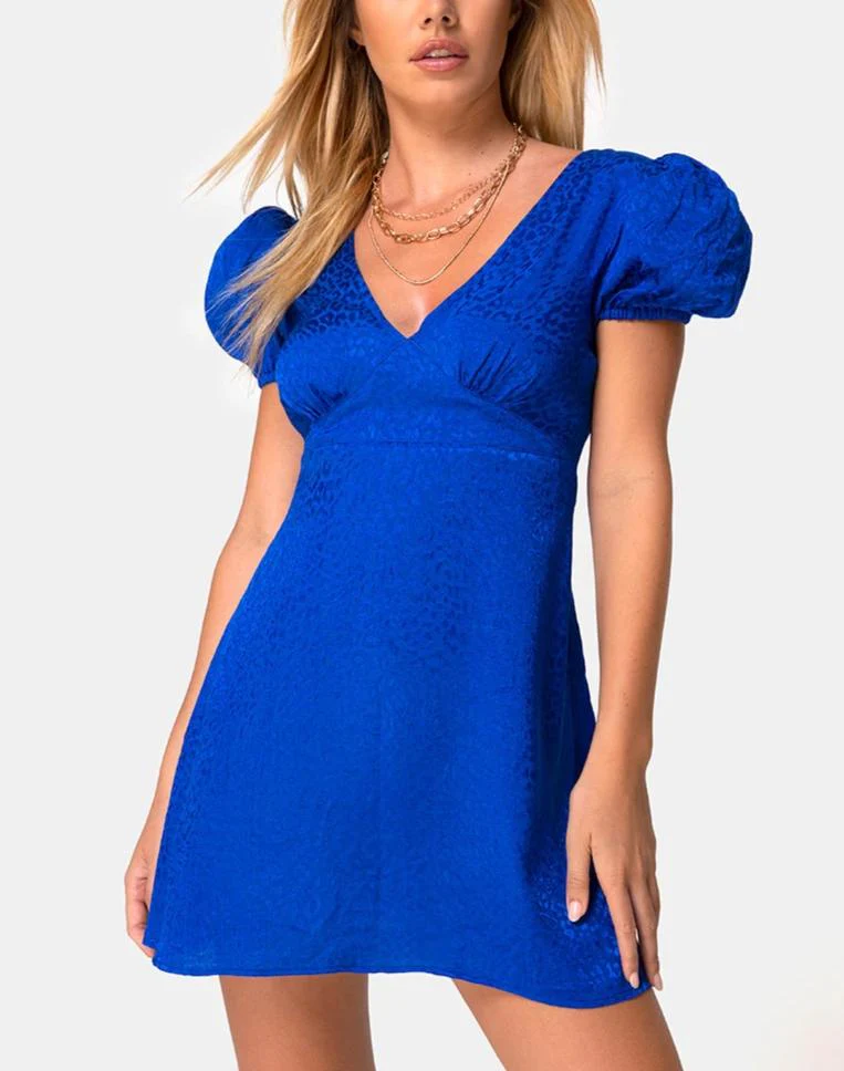 Elfy Mini Dress in Satin Cheetah Royal Blue - Awmao