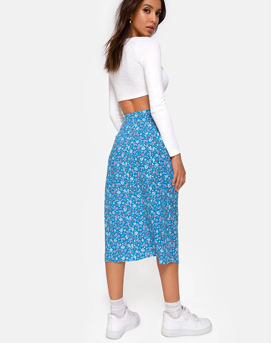 Saika Midi Skirt in Bloom Baby Blue - Awmao
