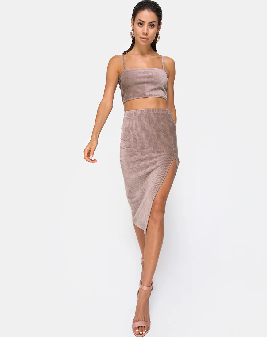 Midi Cheri Split Skirt in Rib Taupe - Awmao