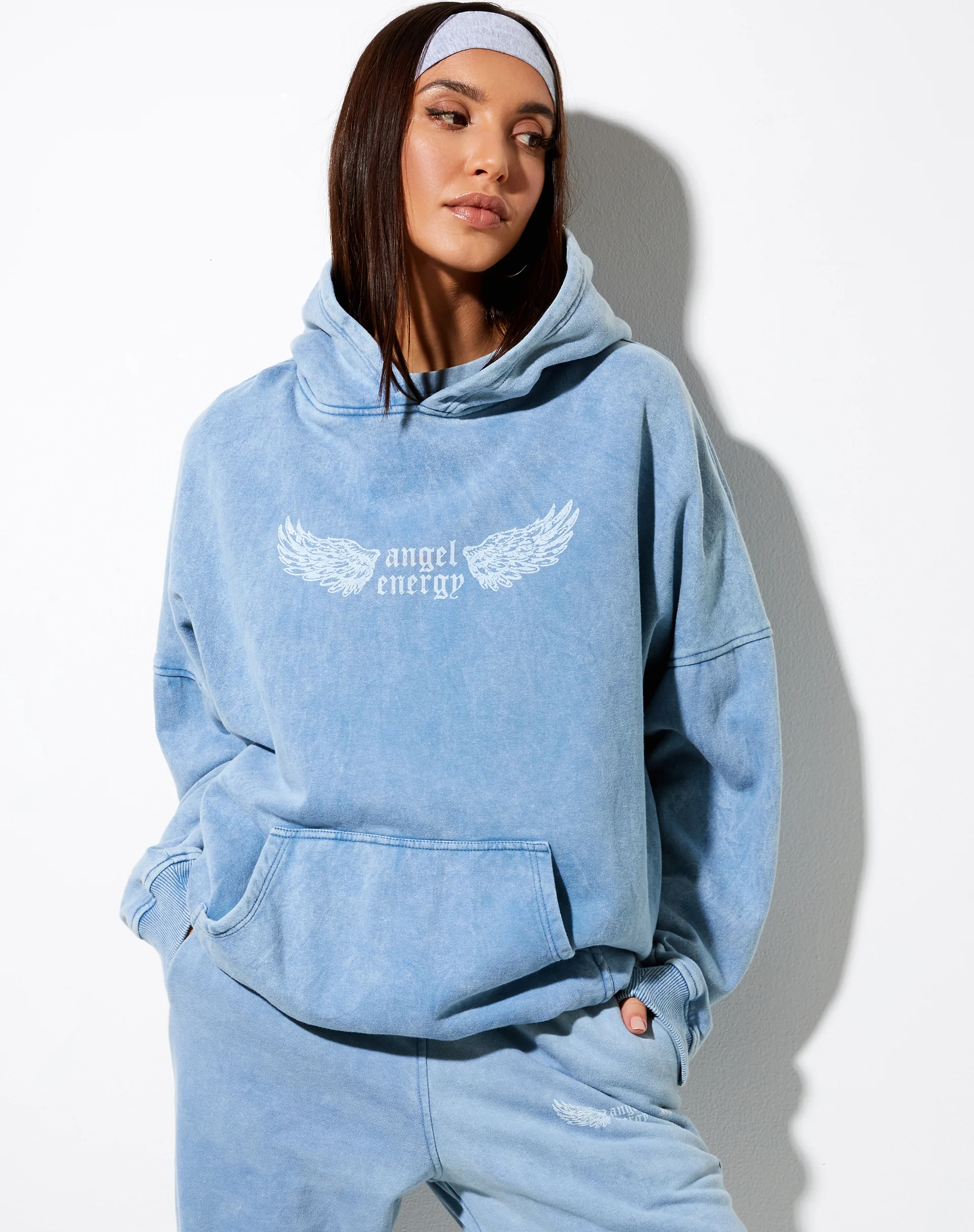 Oversize Hoodie in Washed Blue 'Angel Energy' Wings - Awmao