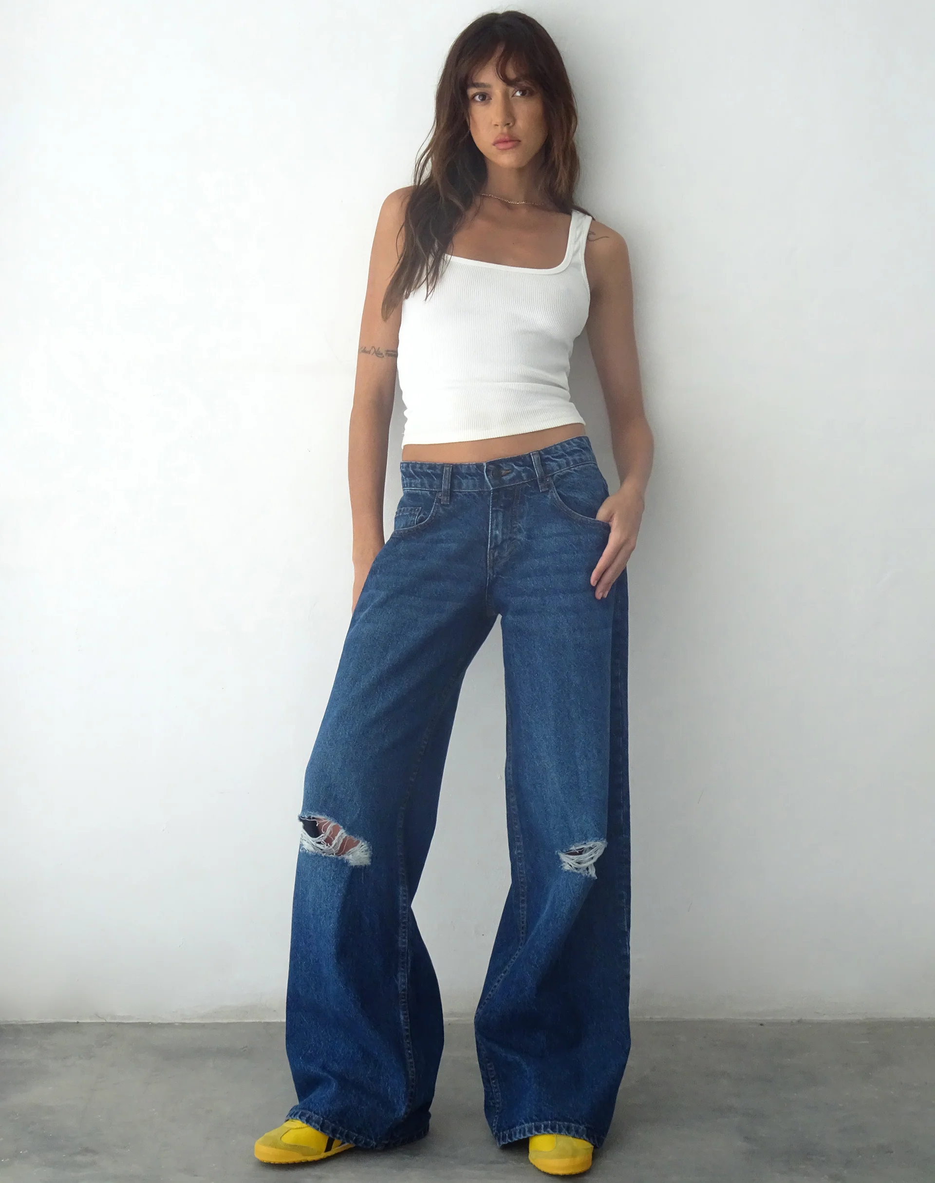 Ripped Roomy Extra Wide Low Rise Jean in Mid Blue Used - Awmao