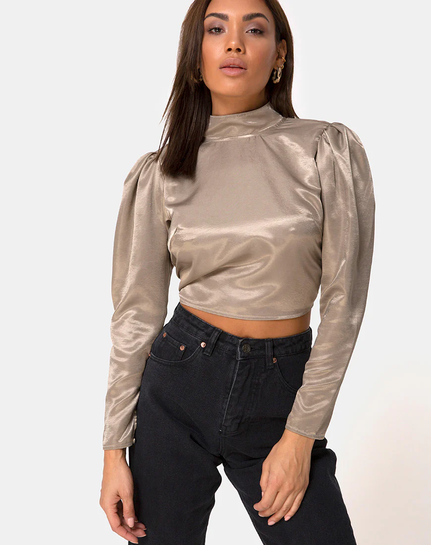 Lona Longsleeve Top in Satin Taupe - Awmao