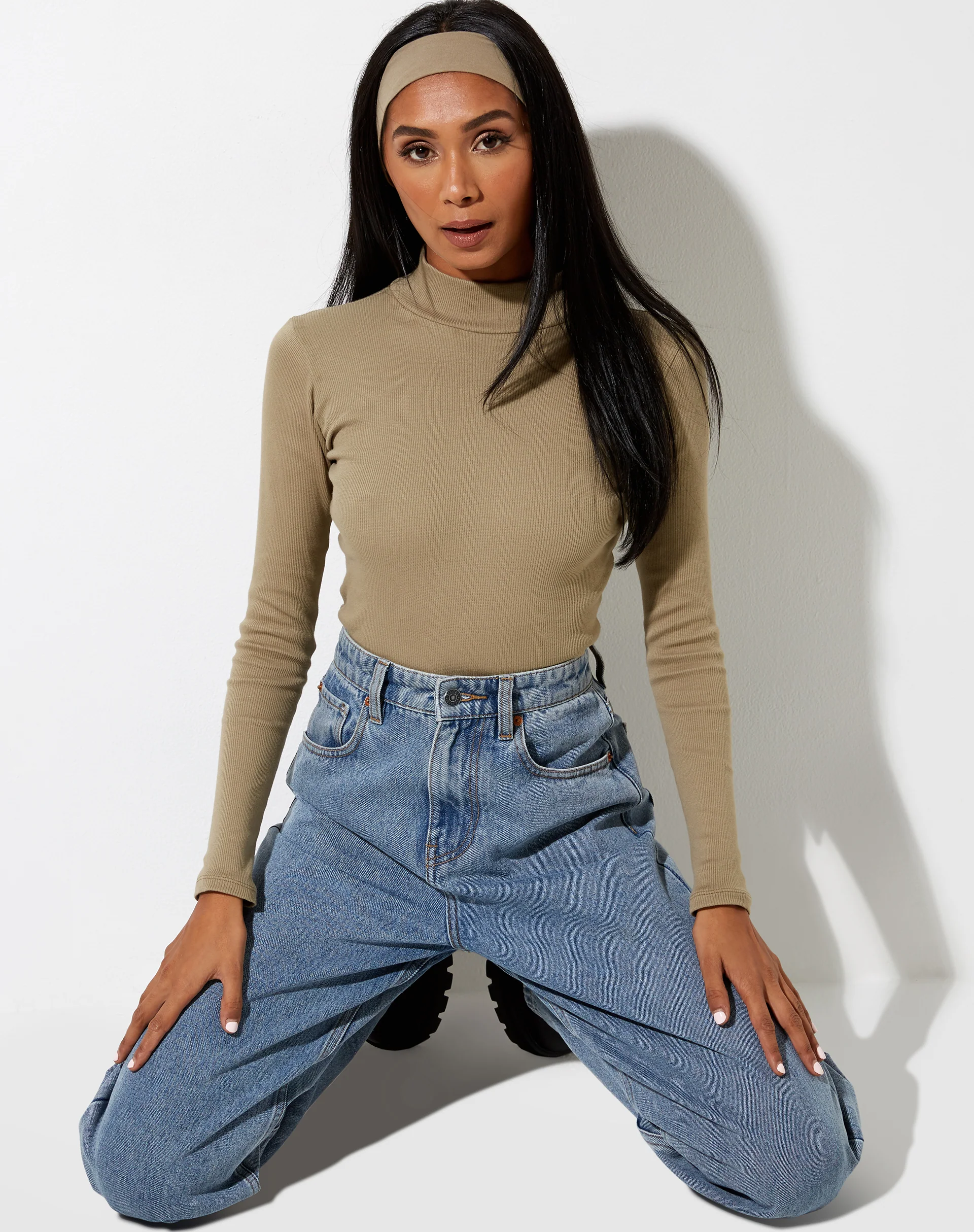 Matri Long Sleeve Top in Rib Eucalyptus - Awmao