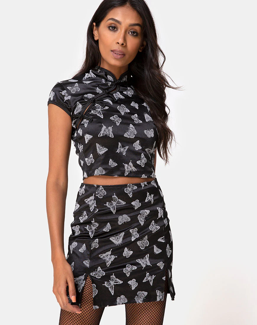 Zaid Mini Skirt in Black Butterfly Flock - Awmao