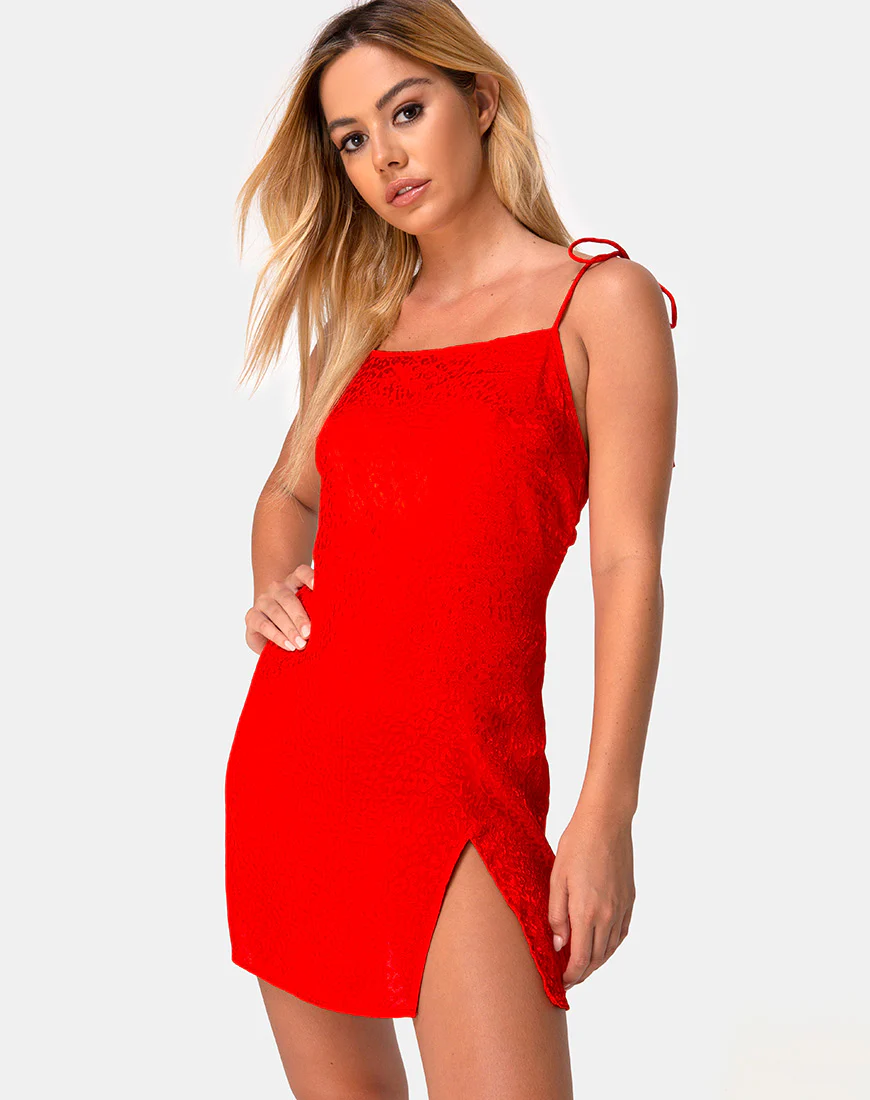Doella Slip Dress in Satin Cheetah Red - Awmao