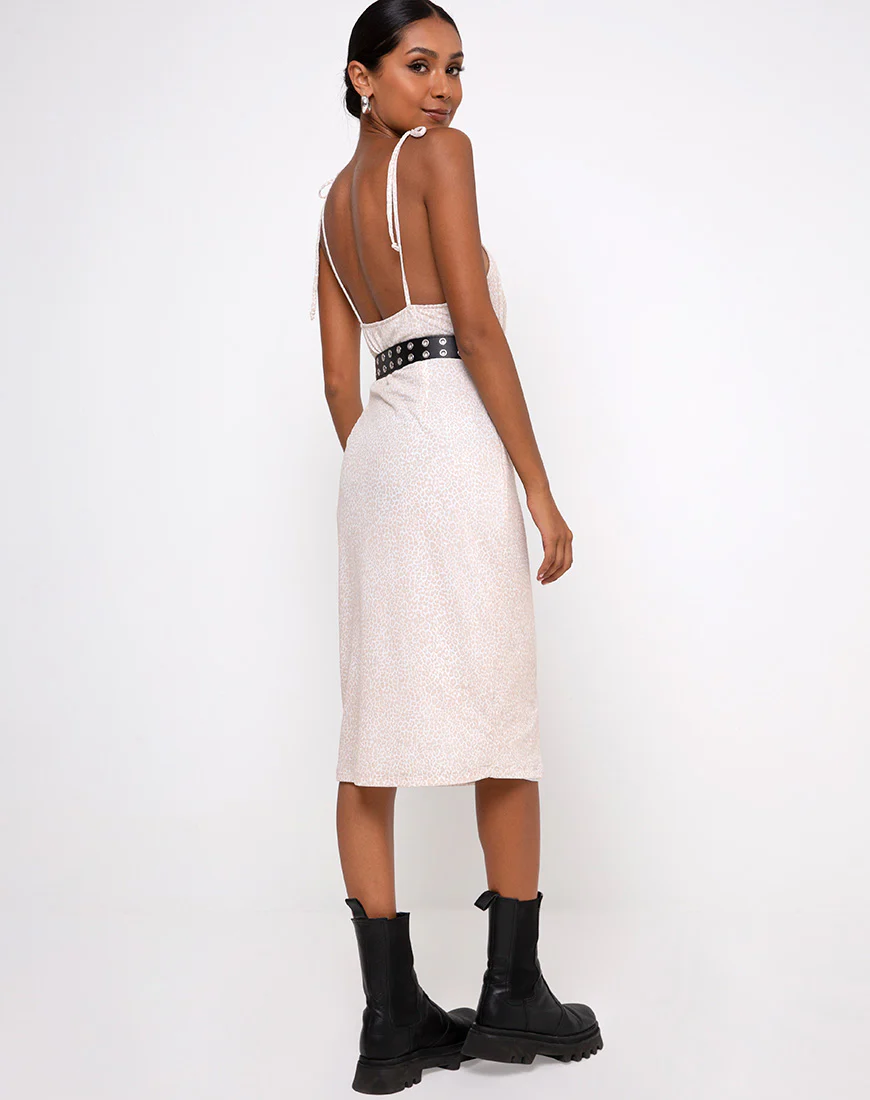 Paloma Midi Dress in Flock Ditsy Leopard Taupe - Awmao