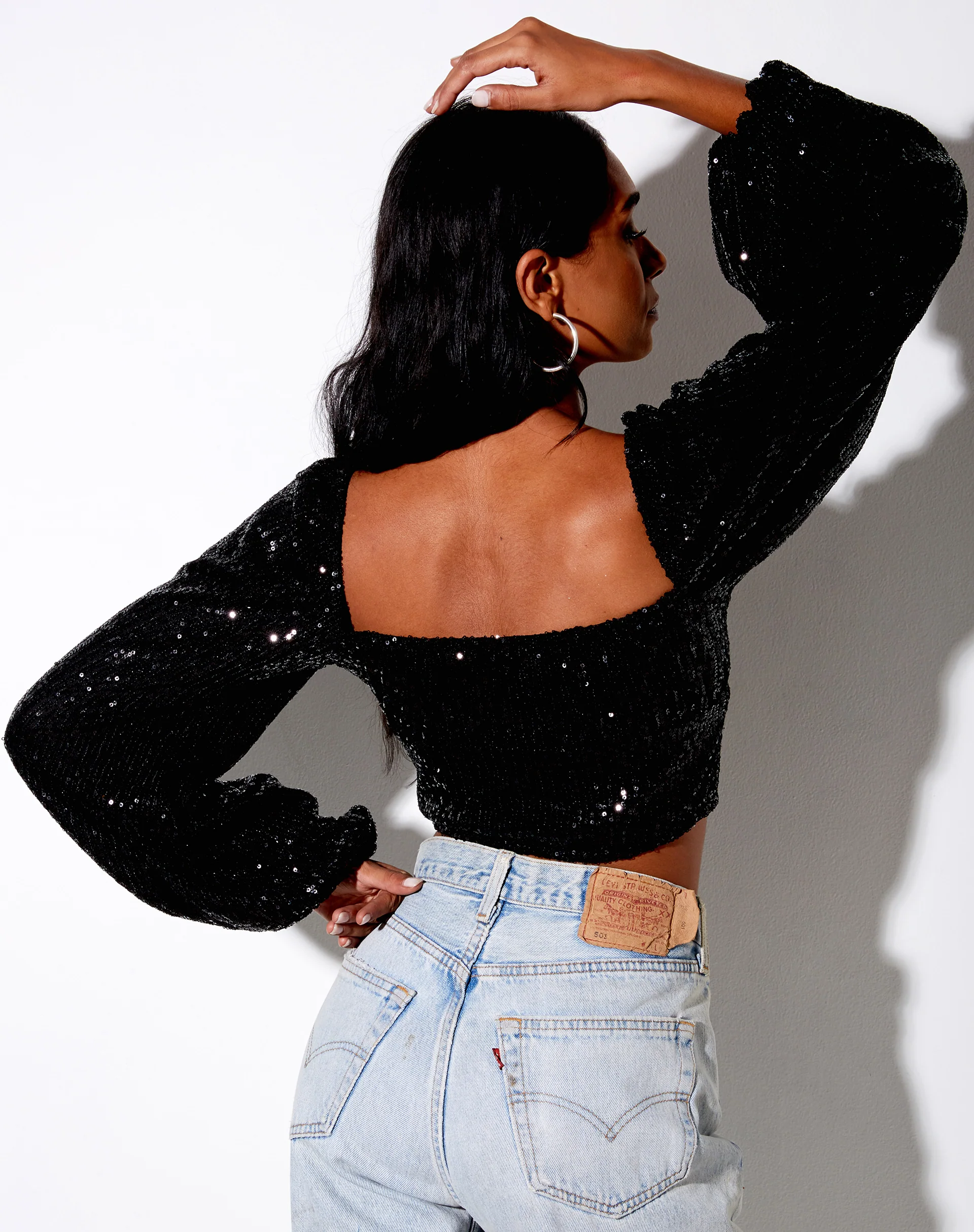 Irene Crop Top in Drape Sequin Black - Awmao