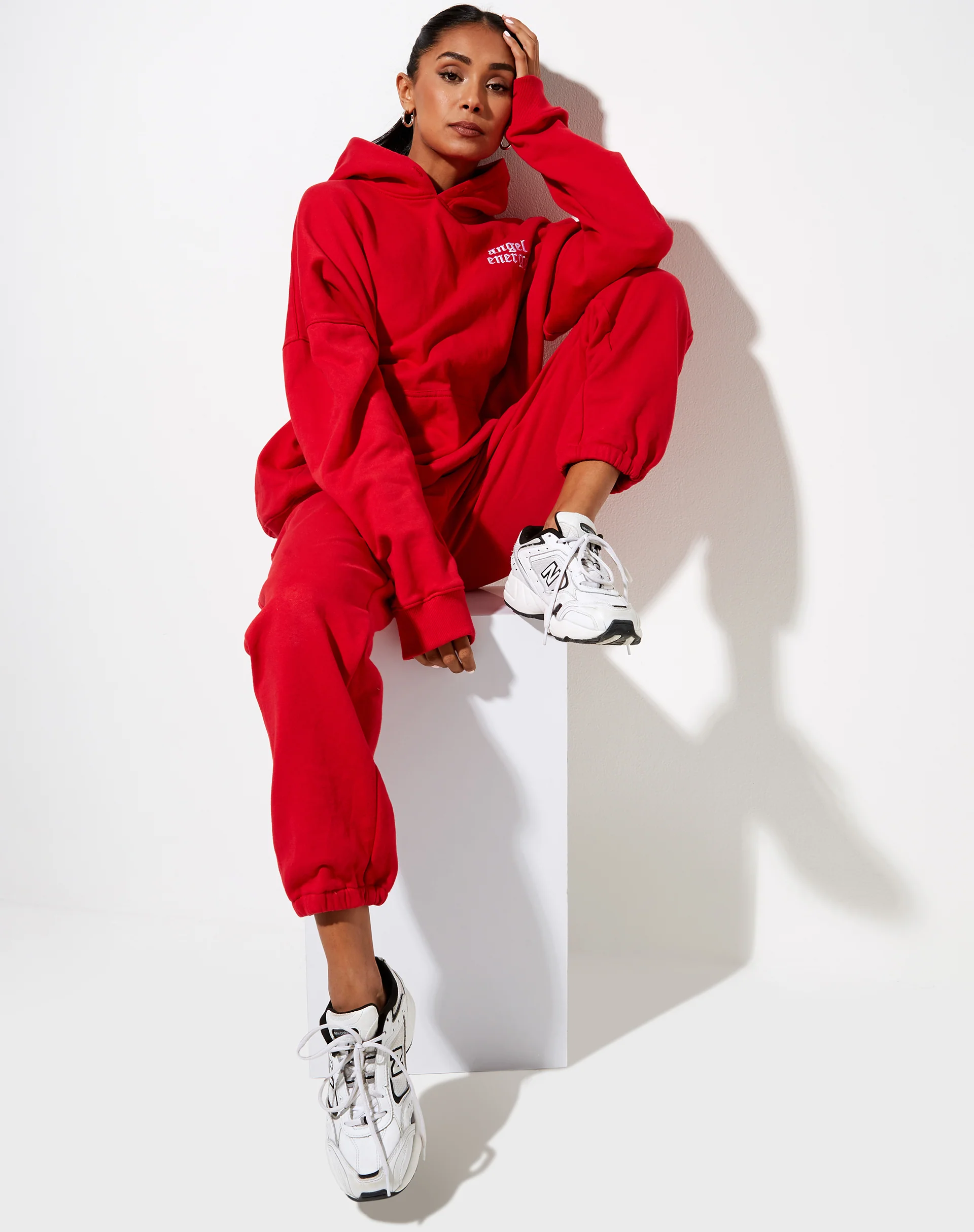 Oversize Hoodie in Racing Red with 'Angel Energy' Embro - Awmao