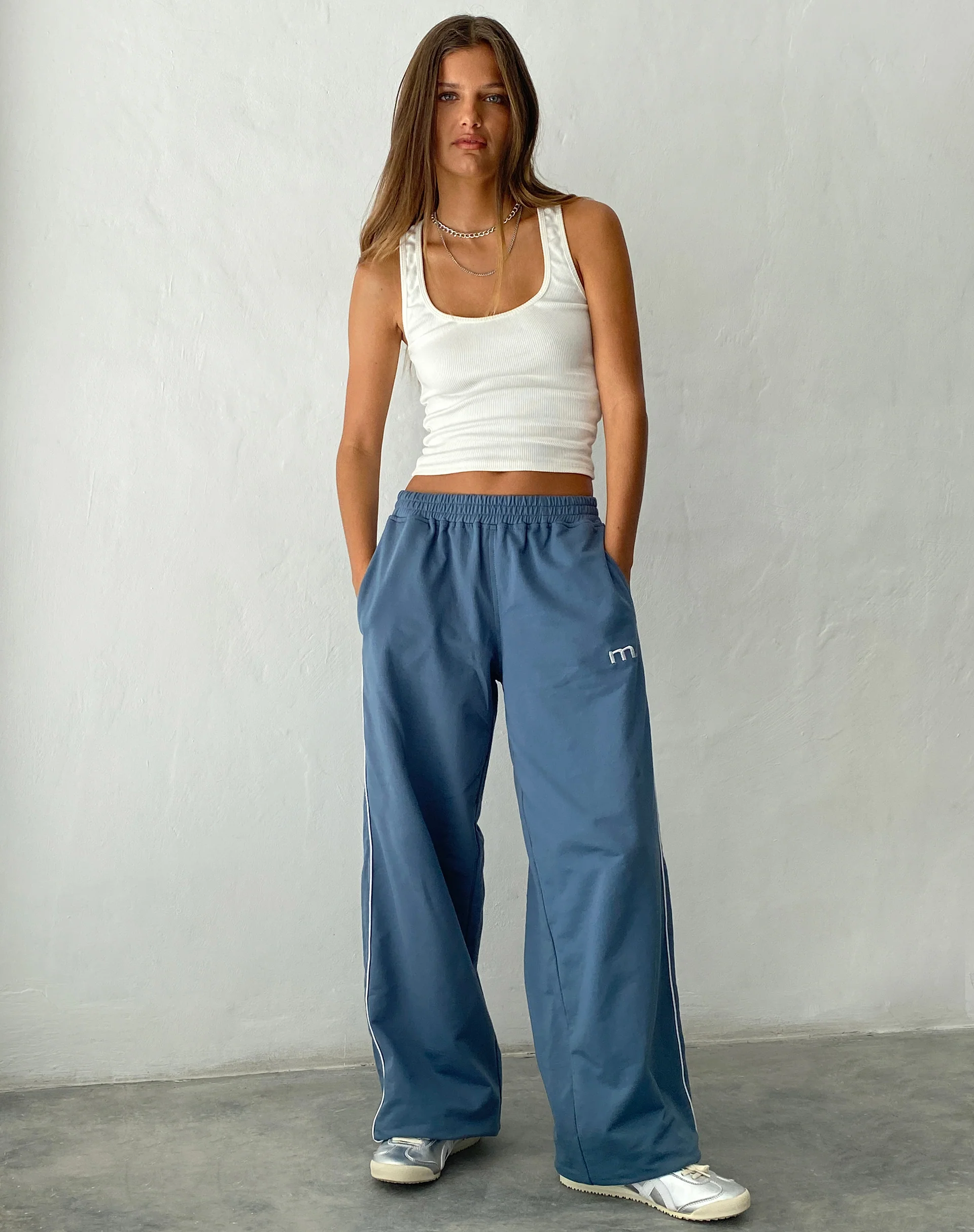 Benton Wide Leg Jogger in Blue with 'M' Embroidery - Awmao