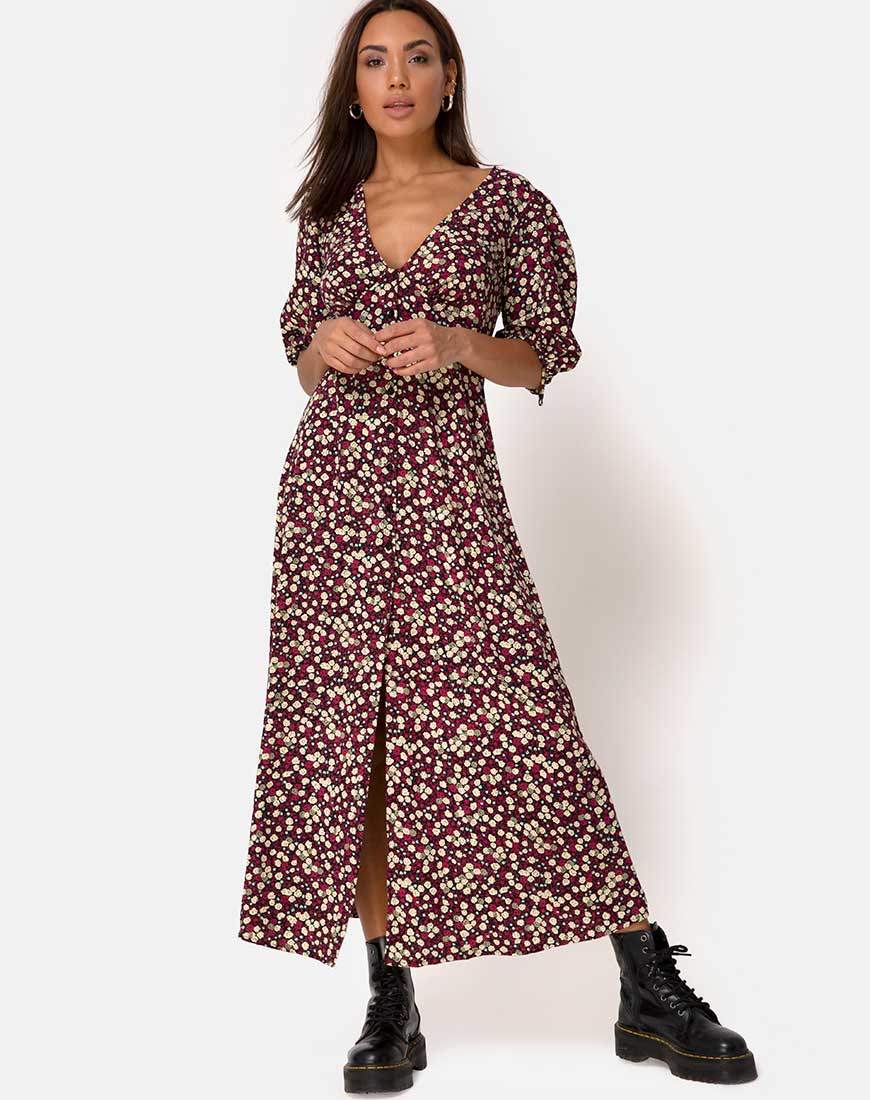 Rigita Dress in Floral Field Plum - Awmao