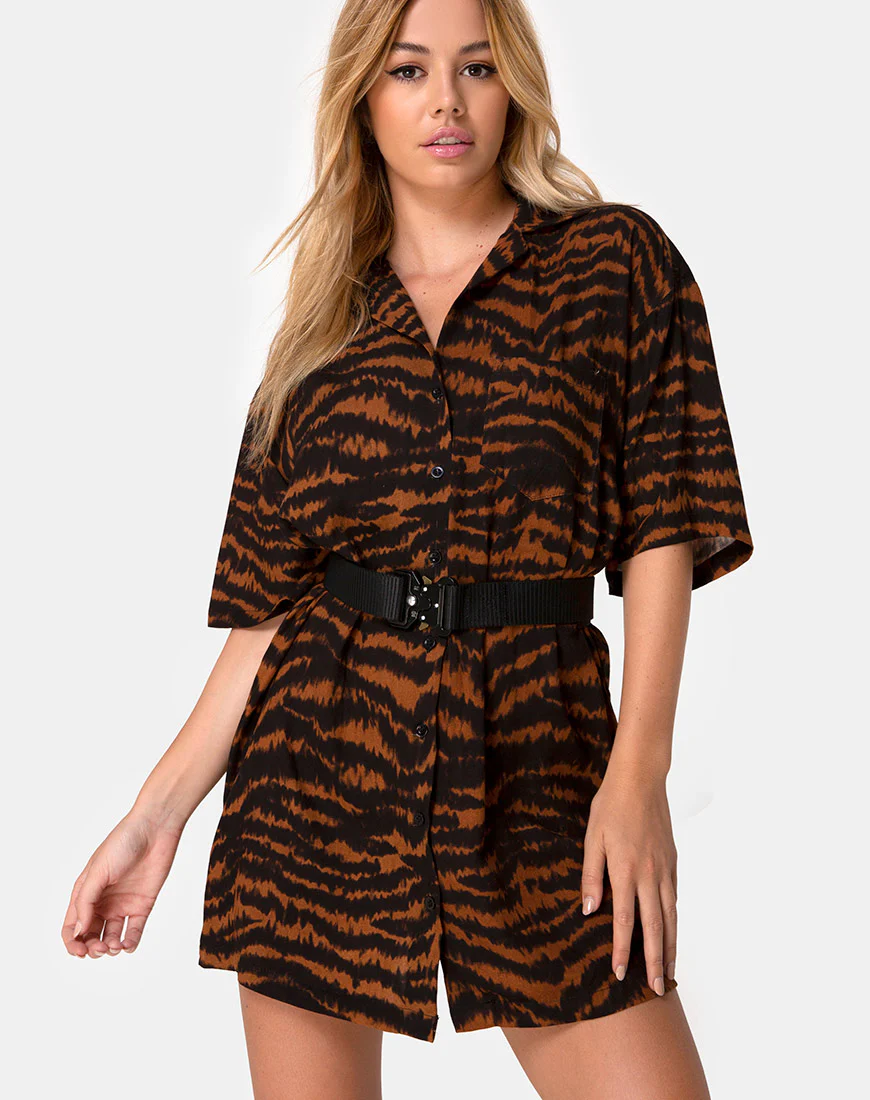 Fresia Mini Dress in Animal Drip Brown - Awmao