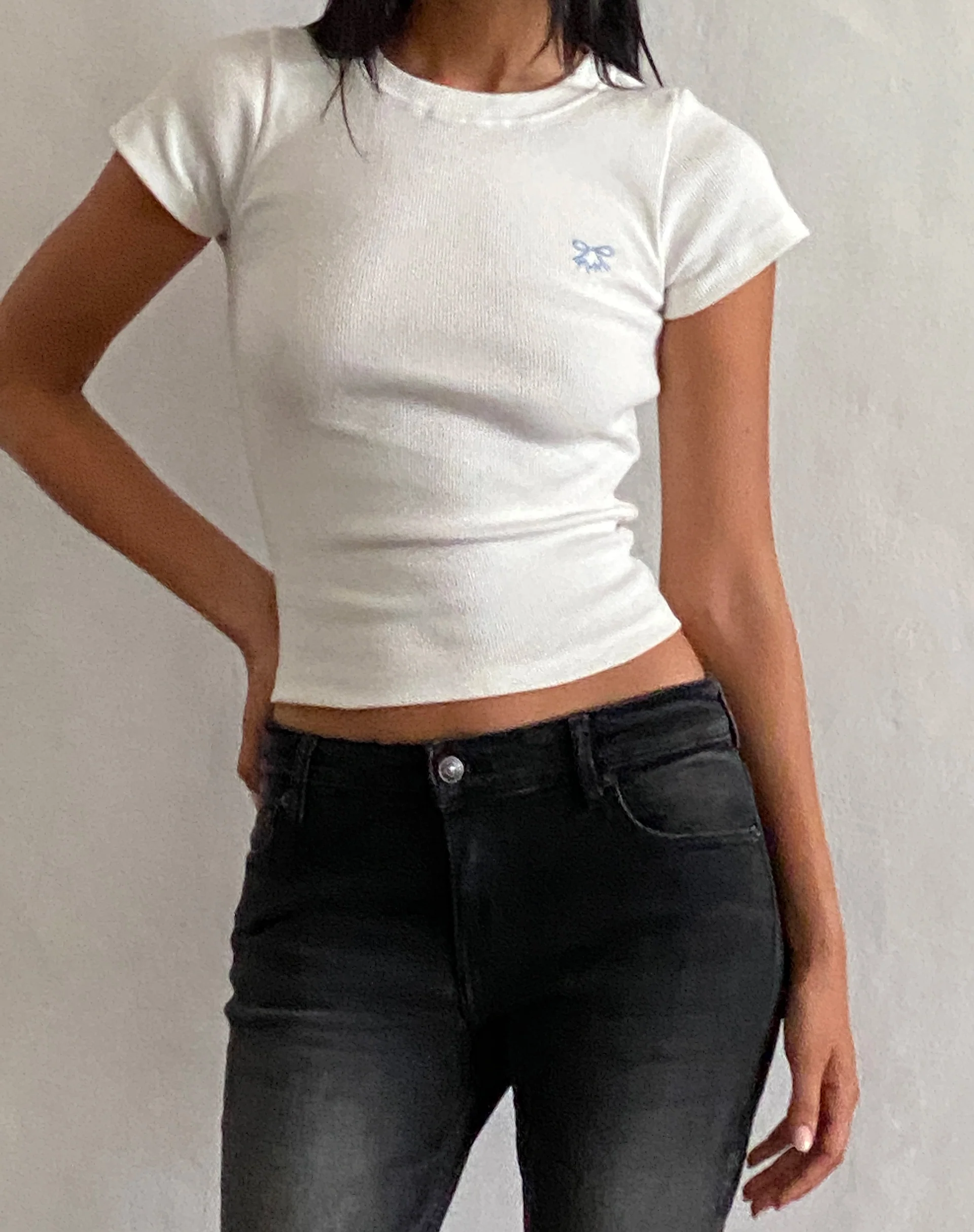 Suti Ribbed Baby Tee in Off White with Blue Bow M Embroidery - Awmao