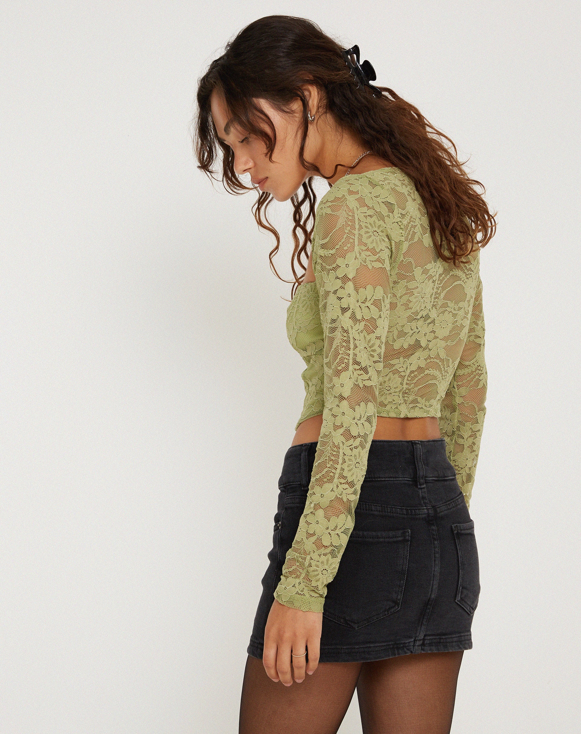 Khafila Long Sleeve Corset Top in Lace Green - Awmao