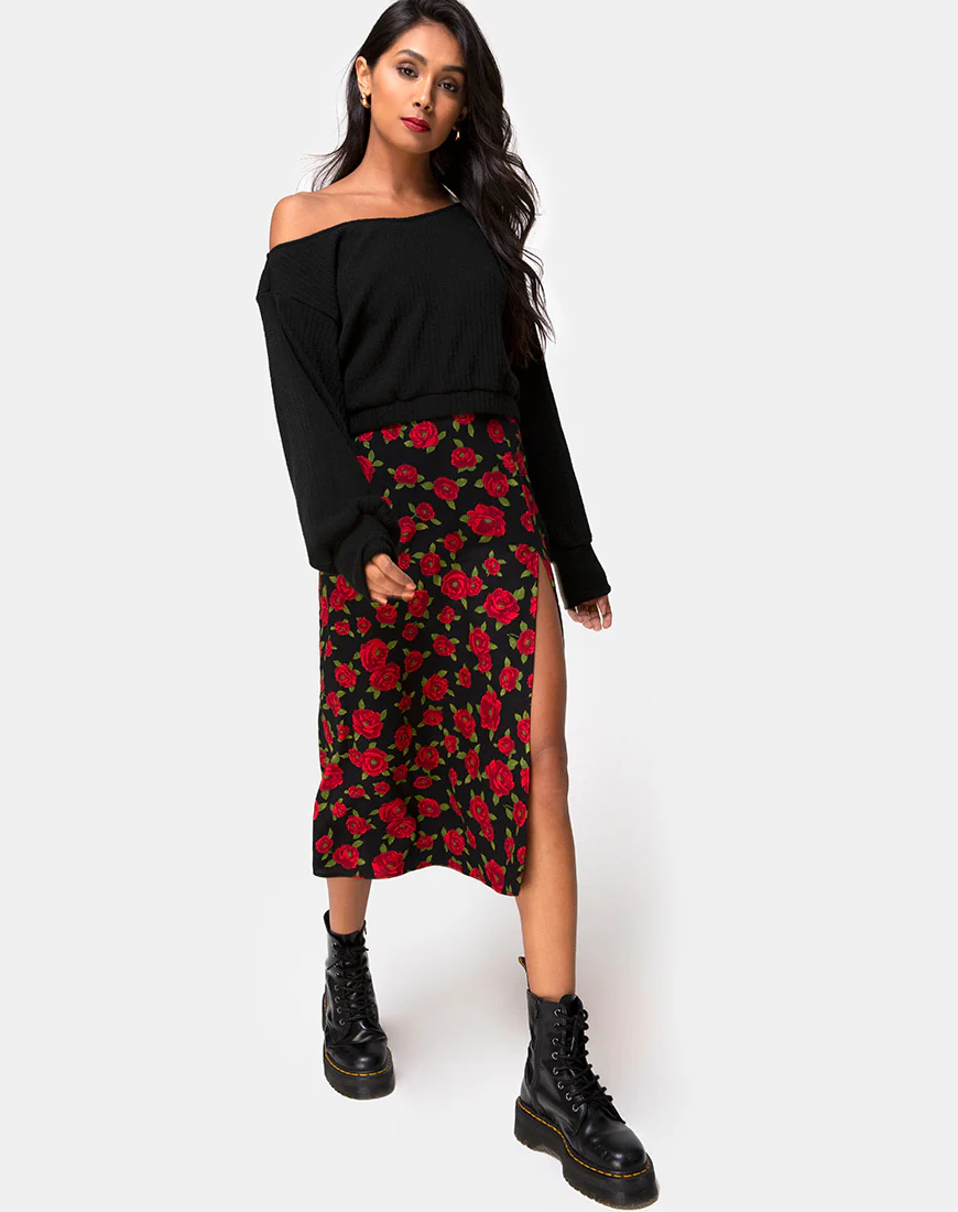 Saika Midi Skirt in Roaming Rose Black - Awmao