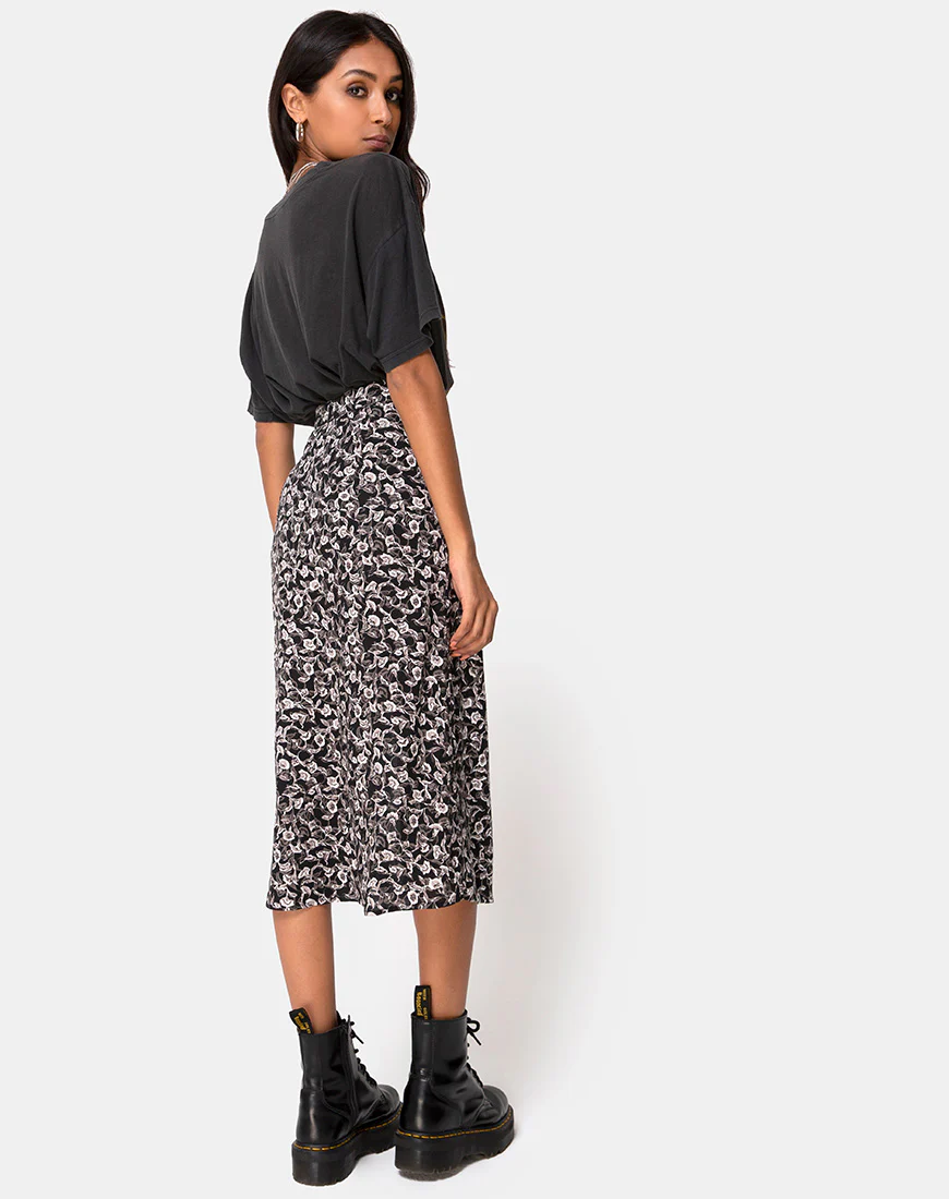Saika Midi Skirt in Wild Tulip Black - Awmao