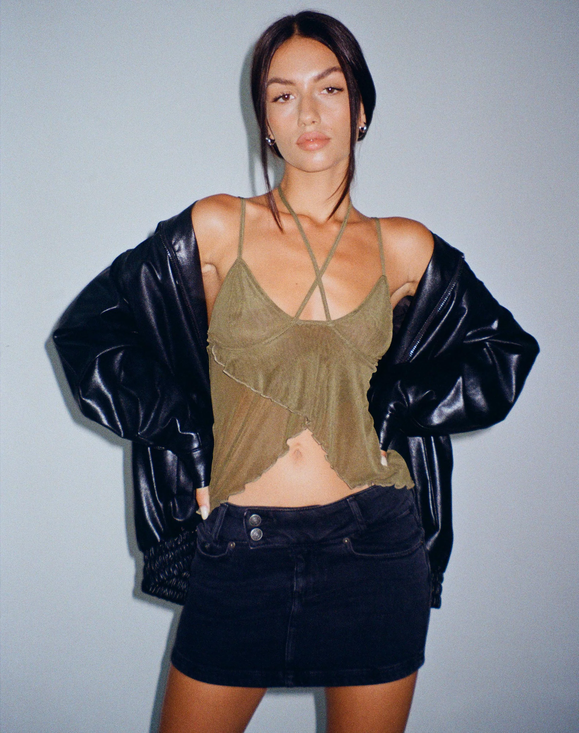Olgira Mesh Halterneck Vest Top in Khaki - Awmao