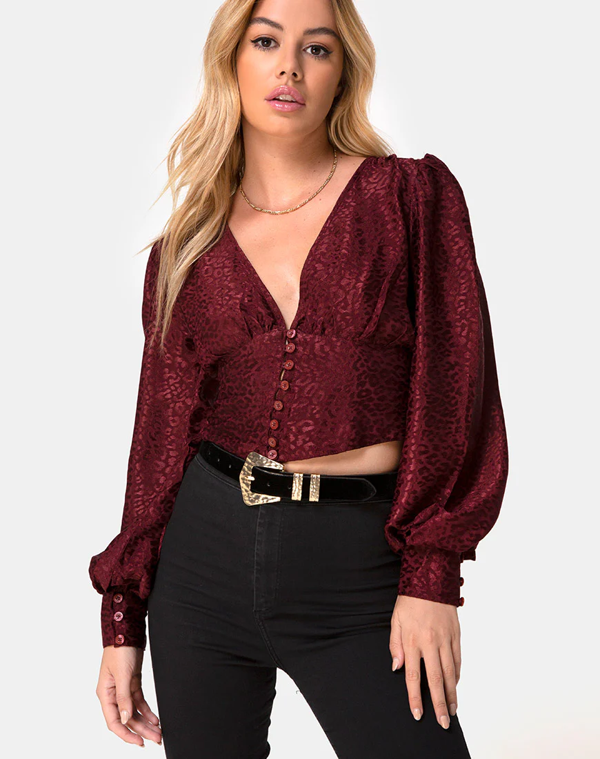 Bina Crop Top in Satin Cheetah Burgundy - Awmao