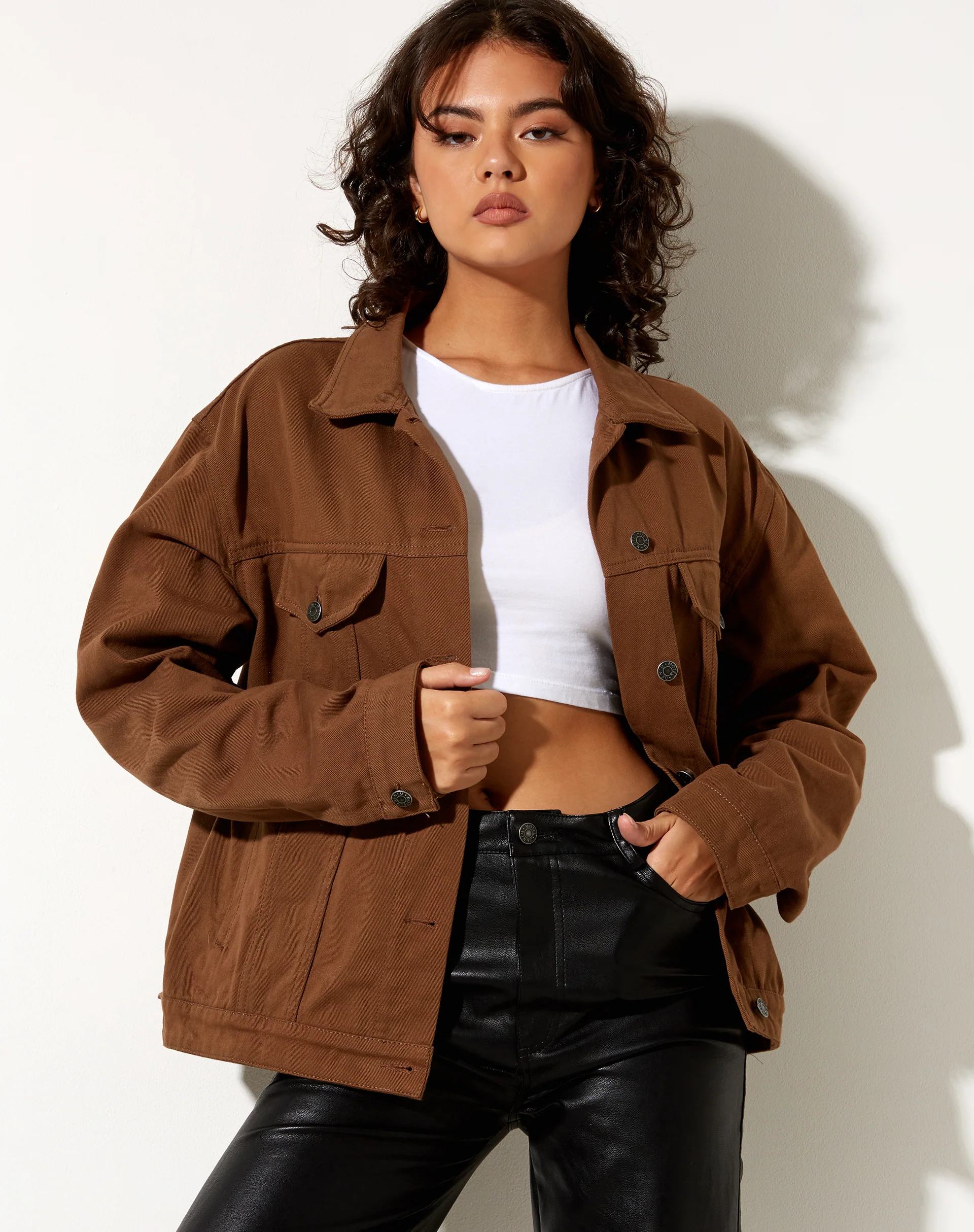 Calissa Longline Denim Jacket in Rich Brown - Awmao