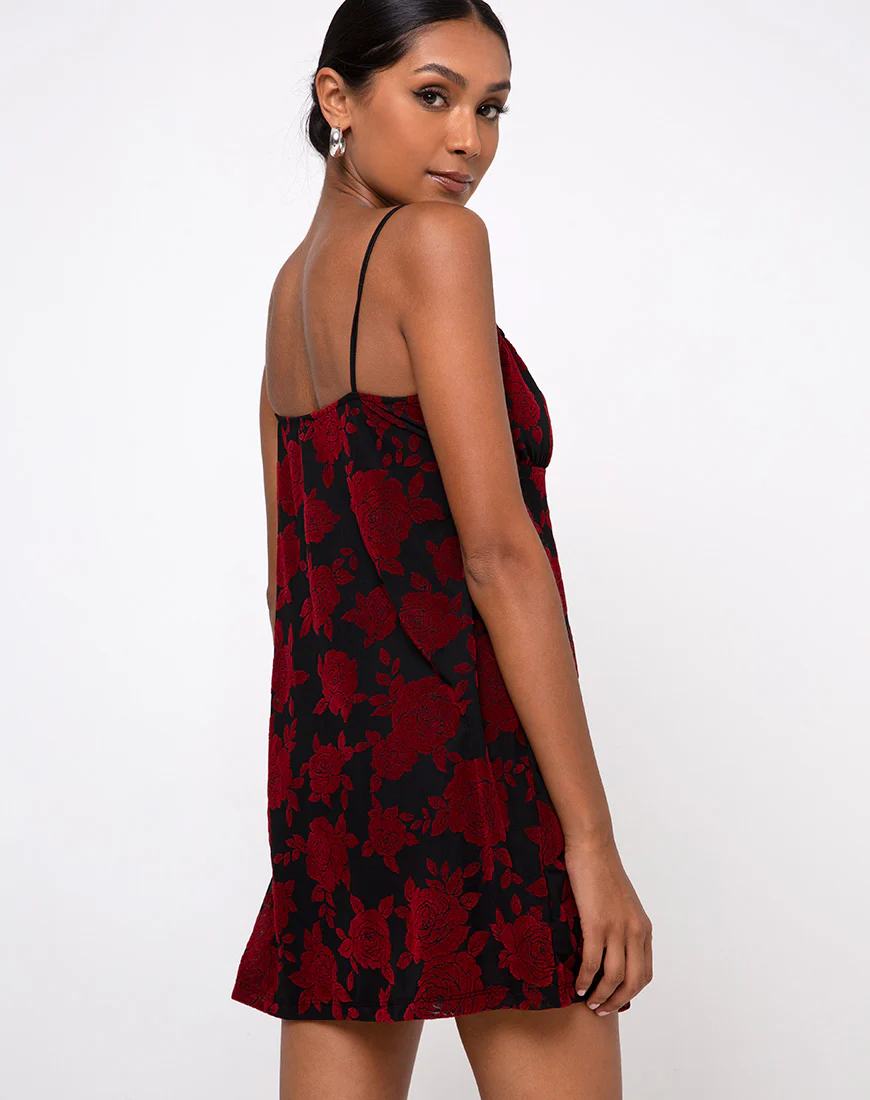 Kumala Dress in Romantic Red Rose Flock - Awmao