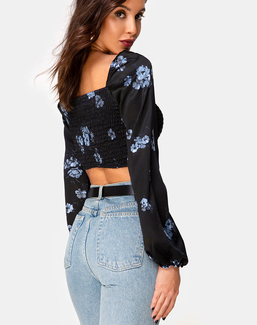 Elina Top in Satin Black Mono Flower - Awmao