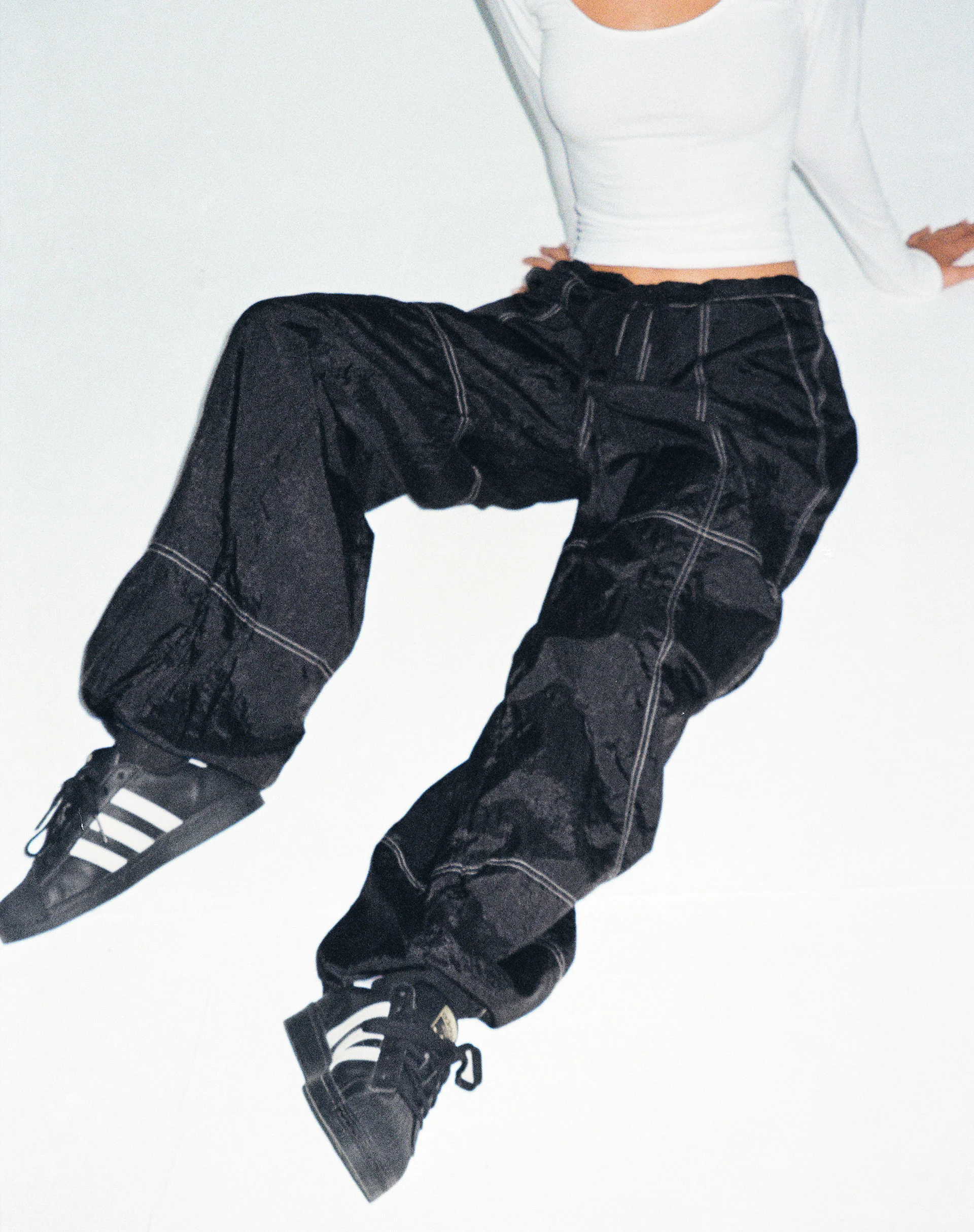 Phil Low Waist Trouser in Black with White Top Stitch - Awmao