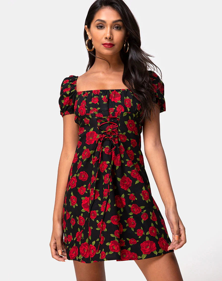 Ruzenta Mini Dress in Roaming Rose Black - Awmao