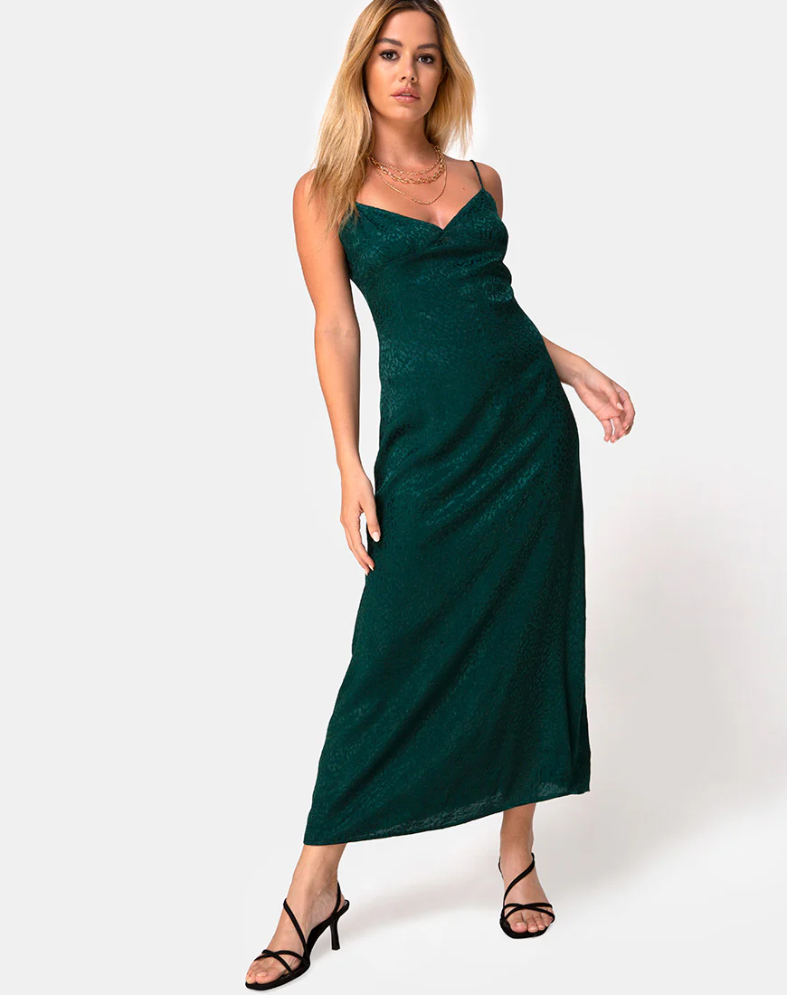 Gaela Slip Dress in Satin Cheetah Forest Green - Awmao